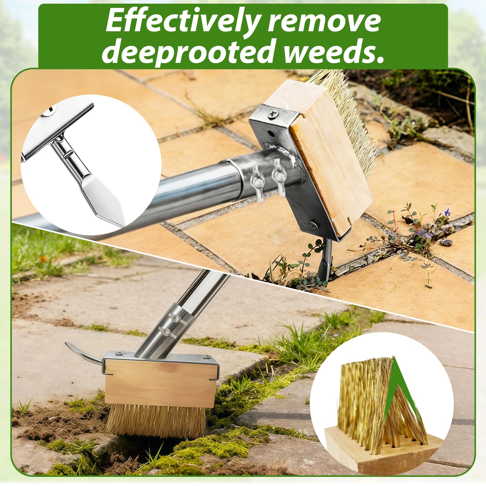 GAESHOW Brosse à Mauvaises Herbes 2-en-1 avec Manche Télescopique 160cm, Outil de Jardin avec Brosse Métallique et Grattoir, pour Nettoyage Joints Pavés, Bordures et Enlèvement d'Herbes