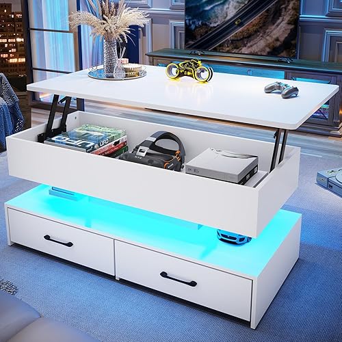 Miniatura 11 de SEDETA Mesa de centro elevable de 40 pulgadas, mesas de centro con almacenamiento para sala de estar, mesa de centro pequeña con 2 cajones y luz LED