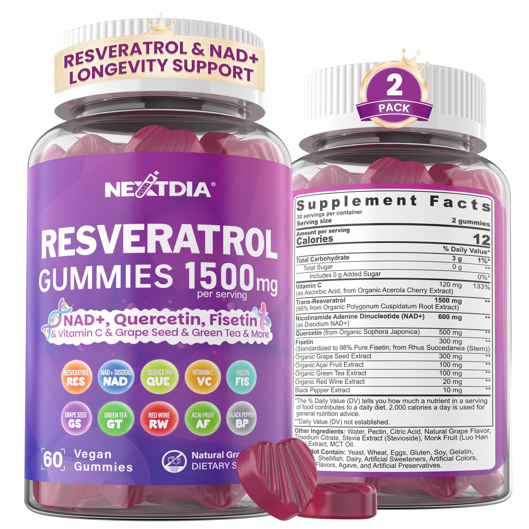 1500mg Resveratrol+NAD+ 600mg +Quercetin +Fisetin Gummies-Sugar Free,2 Pack 60 Count (Pack of 2)