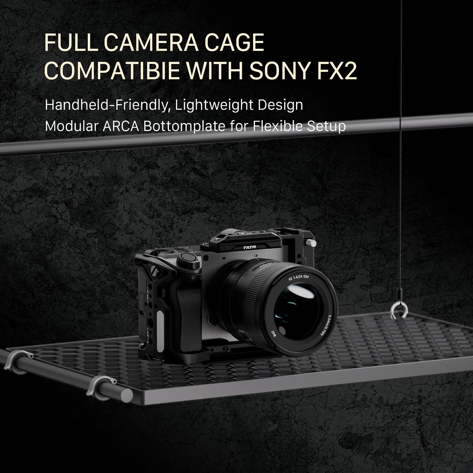 Tilta FX2 Cage, gabbia completa per fotocamera compatibile con il kit base Sony FX2 con impugnatura superiore Xeno, guida NATO, filettature 1/4“-20 e 3/8”-16 - Grigio titanio TA-T88-B-TG