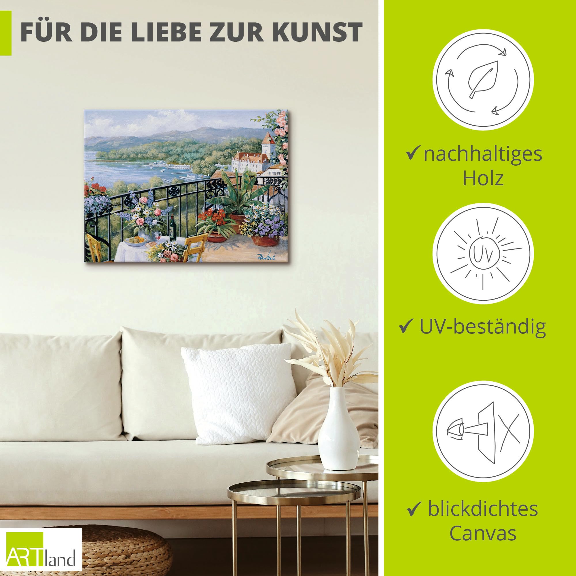 ARTLAND Wanddeko Leinwand Bilder Wandbild 80 x 60 cm Landschaften Garten Malerei Grün Unvergessliche Aussicht B0TL