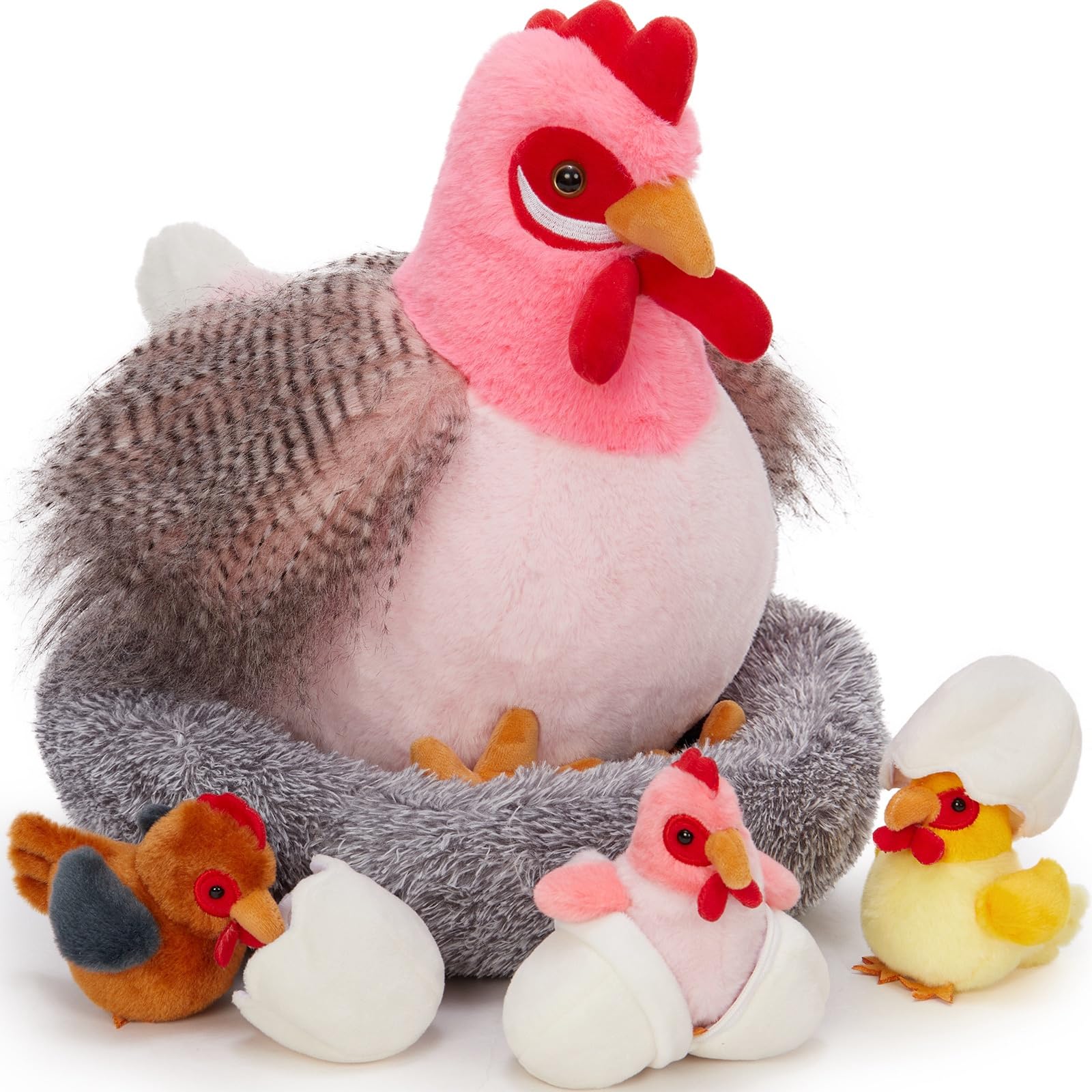 8Pcs Chicken Stuffed Animal, Stuffed Pink Hen with Little Baby Chicks and Coop, Plush Toys for Kids, Hit of Christmas Farm Party