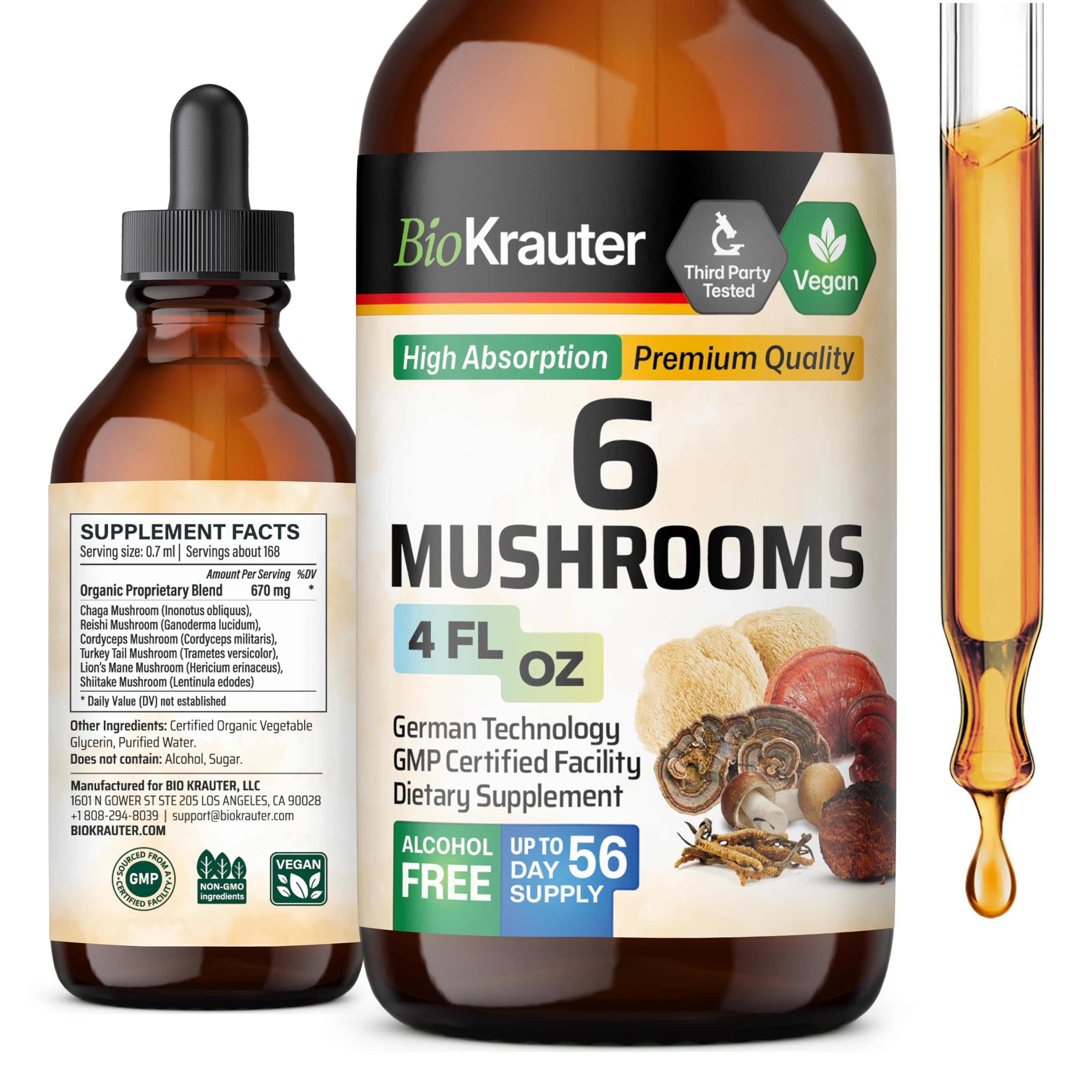 BIO KRAUTER 6 Mushrooms Supplement 6-in-1 - Lions Mane, Shiitake,Turkey Tail, Cordyceps, Reishi & Chaga Liquid Extract - Mushroom Complex Tincture - Vegan Drops 4 Fl.Oz.