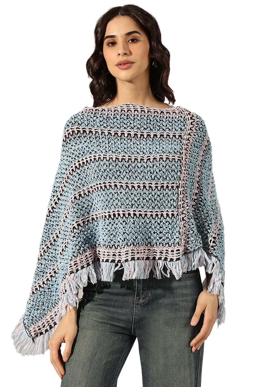 showoffff Edition Women's Striped Blue Crochet Knit Poncho with Fringed Hem-CHN-016_Blue-P-picture-30
