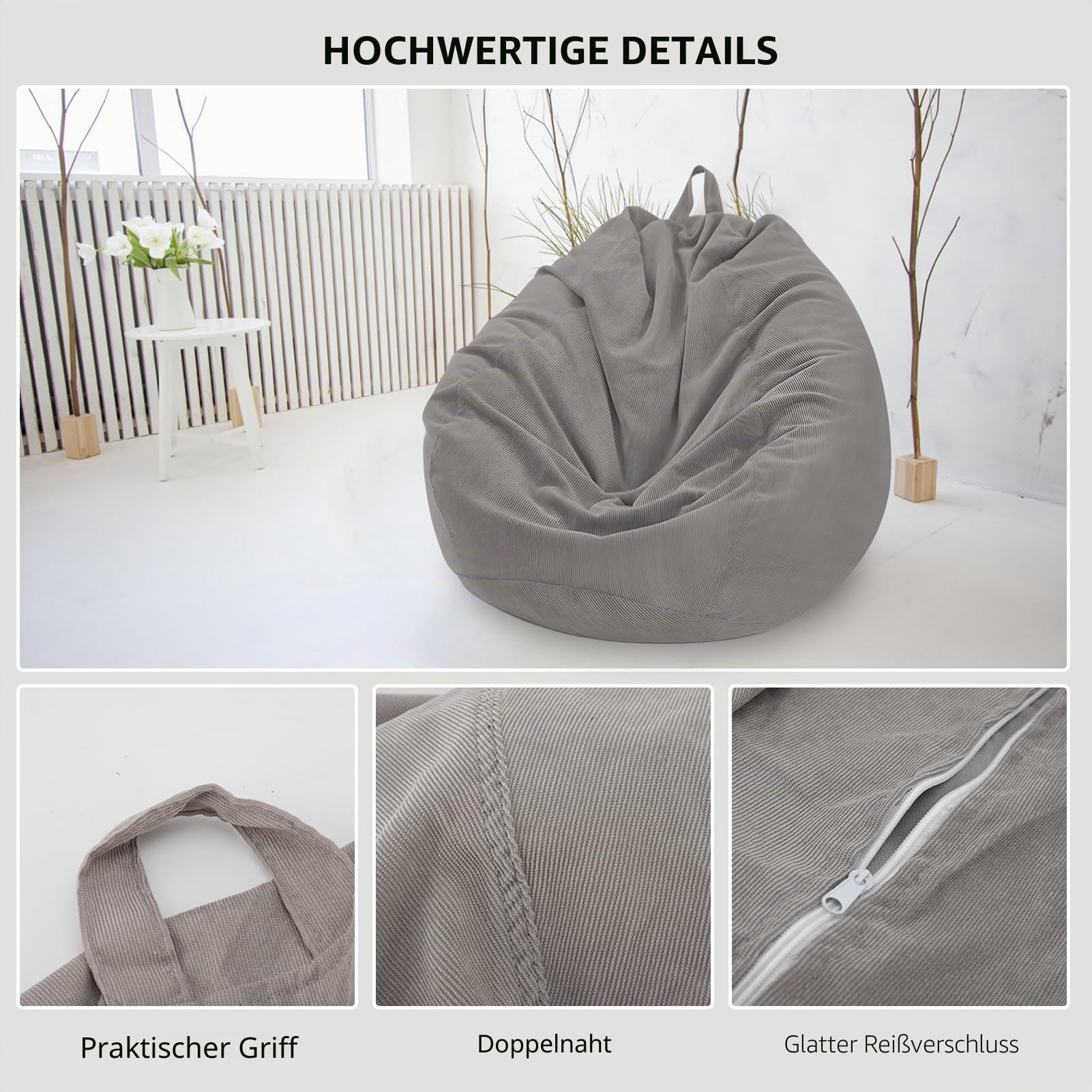 Sitzsack/Stuhlbezug, Kord, weich, Stofftiere, Aufbewahrung, Sitzsack, Sofabezug für Kinder, Erwachsene, Haustiere, Hunde, Katzen (hellgrau)