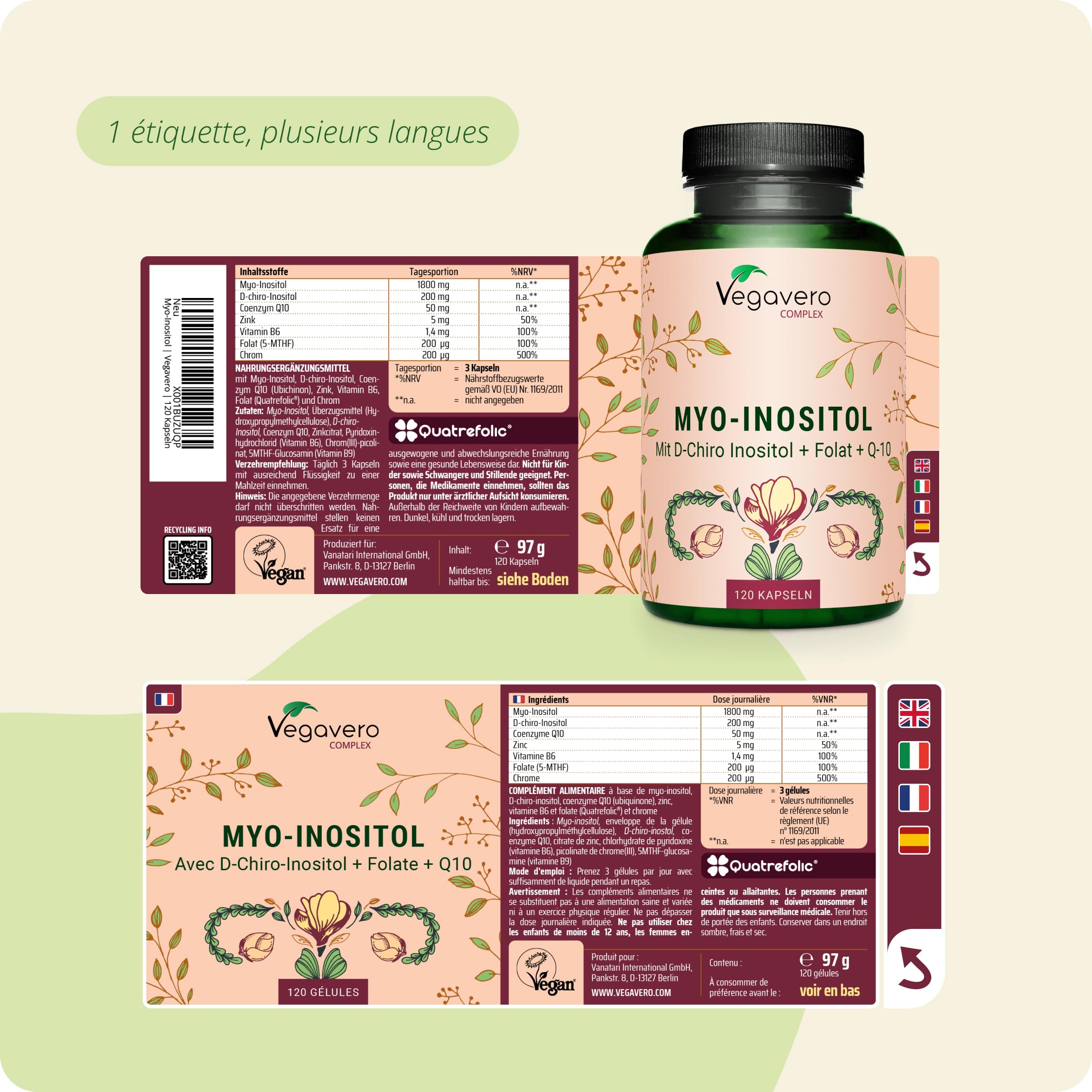 Vegavero Myo Inositol Complex | SOPK | Avec D-Chiro-Inositol, Q10, Zinc, Chrome, Vitamine B6 et B9 (Acide Folique Quatrefolic®) | Sans Additifs et Vegan | 120 Gélules