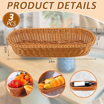 Mumufy 3 Pcs Long Bread Baskets for Serving, 14 Plastic Oval