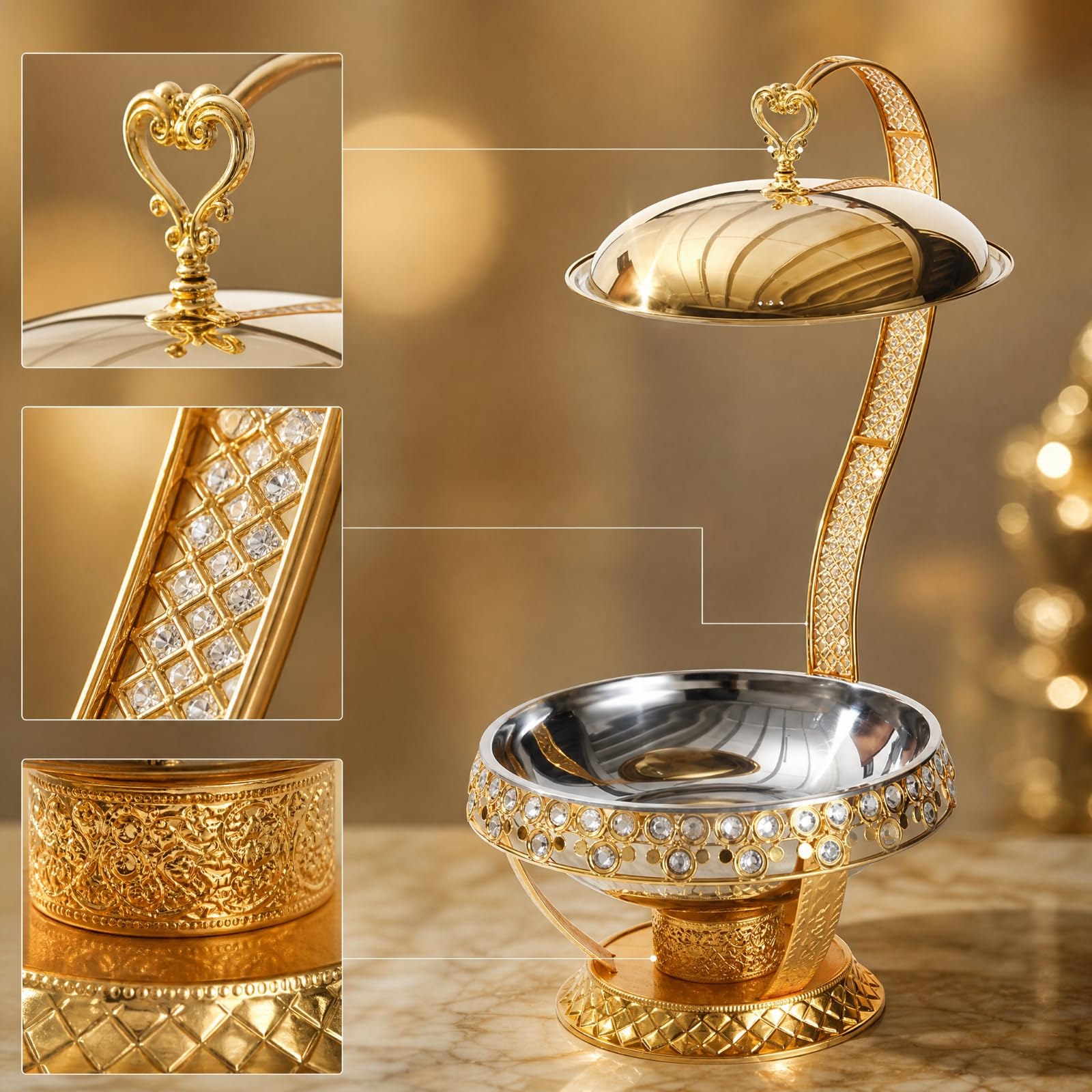 Scaldavivande Buffet con Coperchio Sospeso E Base Rialzata in Metallo Acciaio Inox Dorato per Hotel Ristoranti Eventi All Aperto Cene Cerimonie Adatto, 16 Diamanti Oro