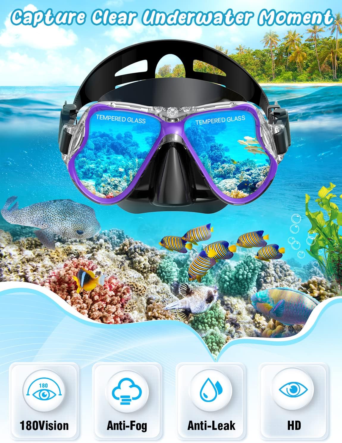 Zenoplige Mask Fins Snorkel Set, Snorkeling Gear for Adults, Panoramic View Snorkel Mask Anti-Fog, Adjustable Dive Flippers, Dry Top Snorkel and Travel Bag, Scuba Gear for Swimming Snorkeling Diving - Image 2