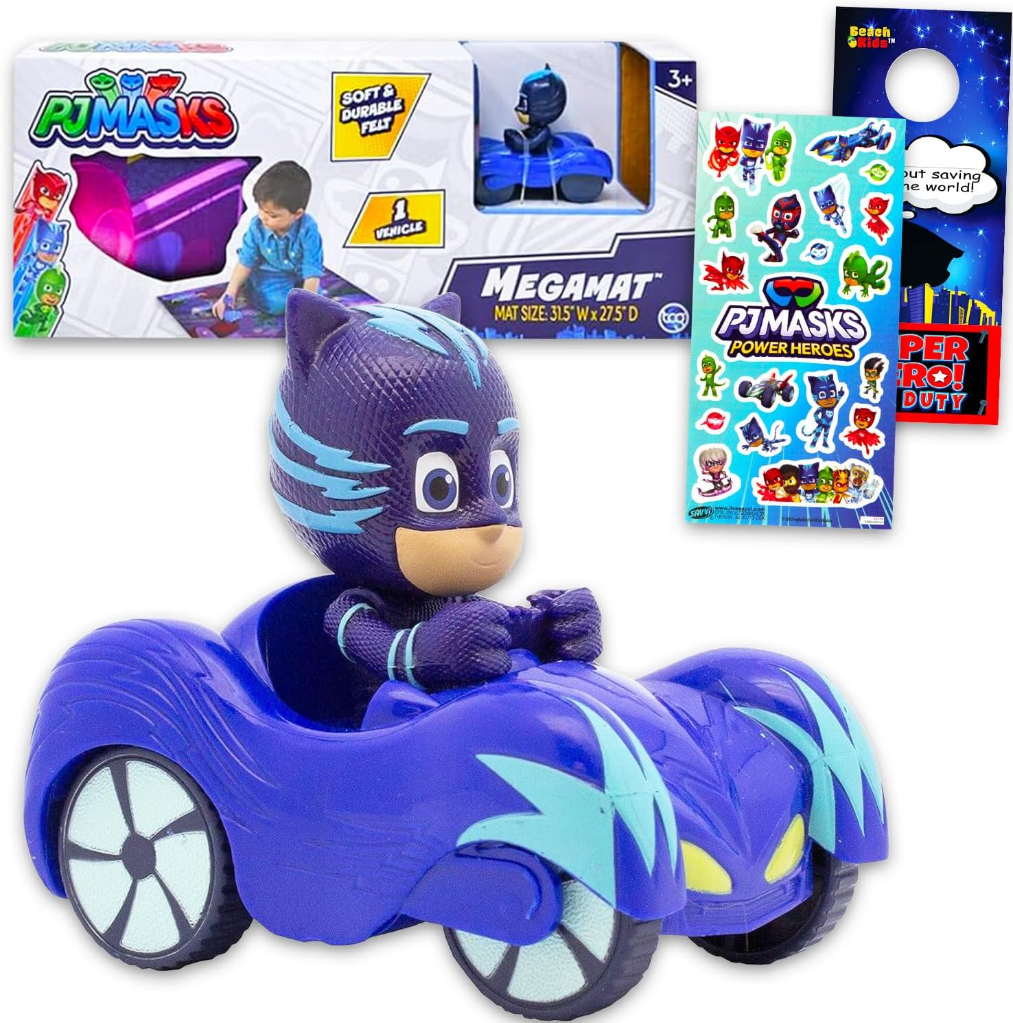PJ Masks Race Car Toys Set - Bundle with Catboy Pull Back Vehicle Plus Playmat, Stickers, More | PJ Masks Toy Car for Kids, Boys, Girls