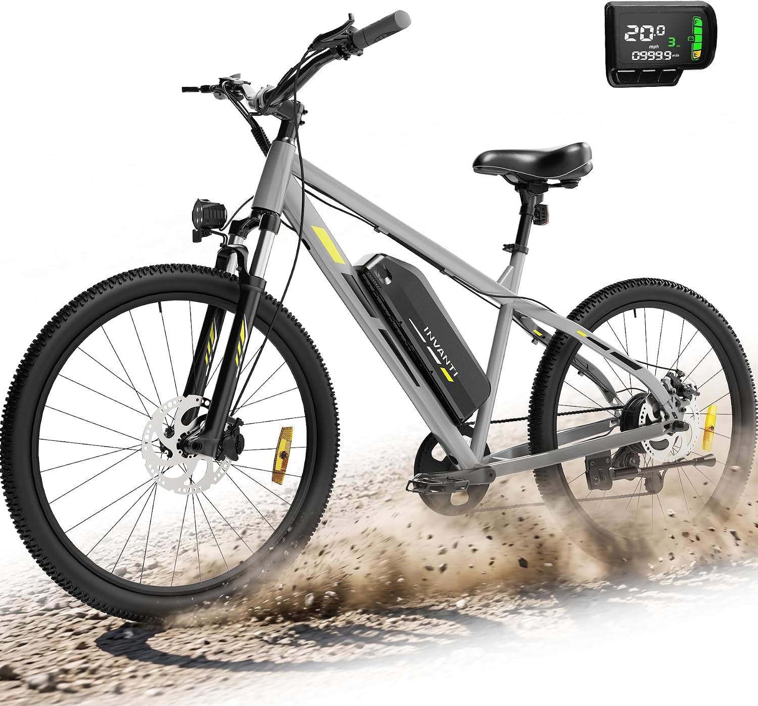 INVANTI Electric Bike for Adults with 55 Miles, Peak 750W Motor, 20 MPH Commuting Electric Mountain Bike with 26″ Tires, Front Fork Suspension, 7-Speed Gears, LCD Display and Removable Battery