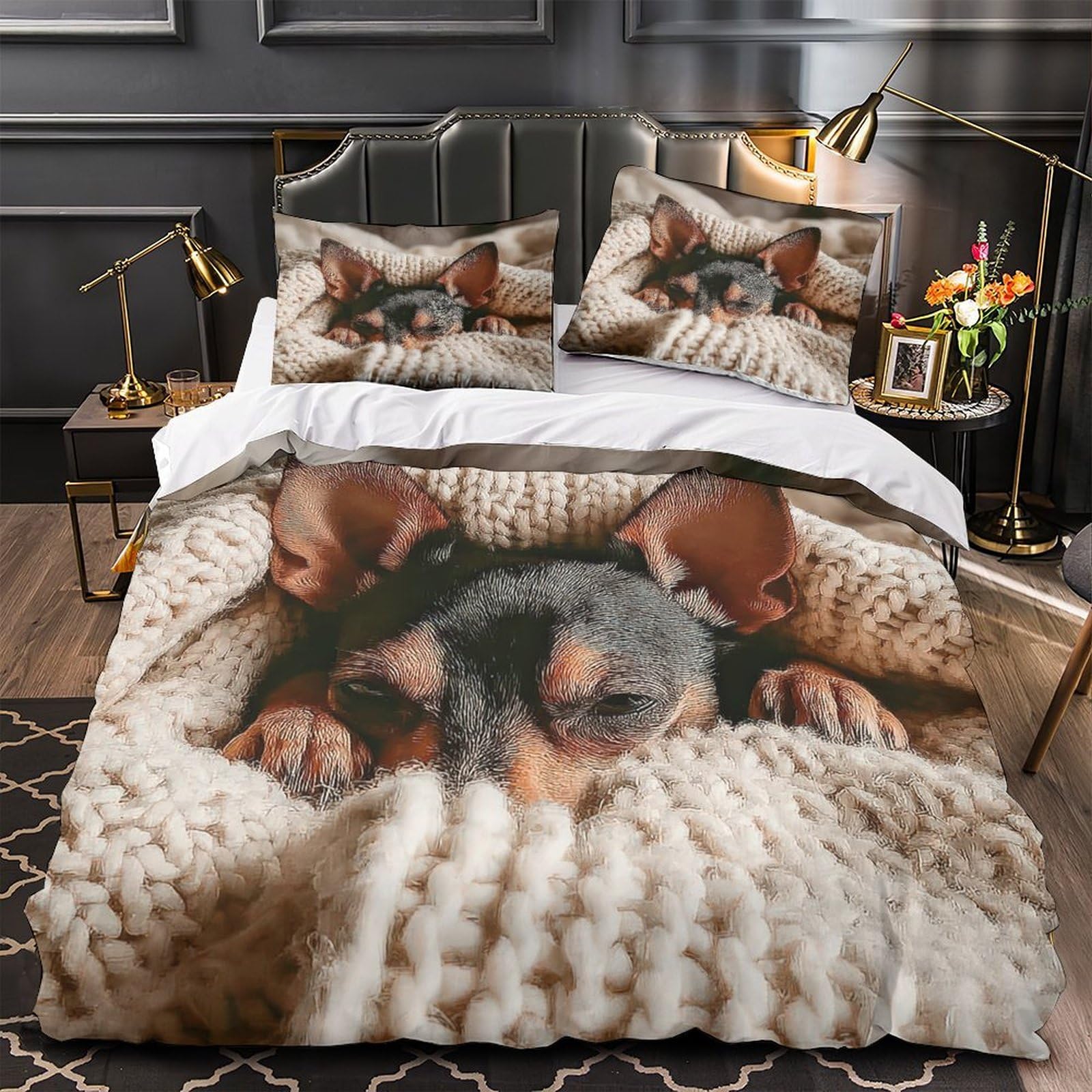 Housse de couette motif vache parure de lit 3D fleurs vintage drap King 220x240 fermeture éclair