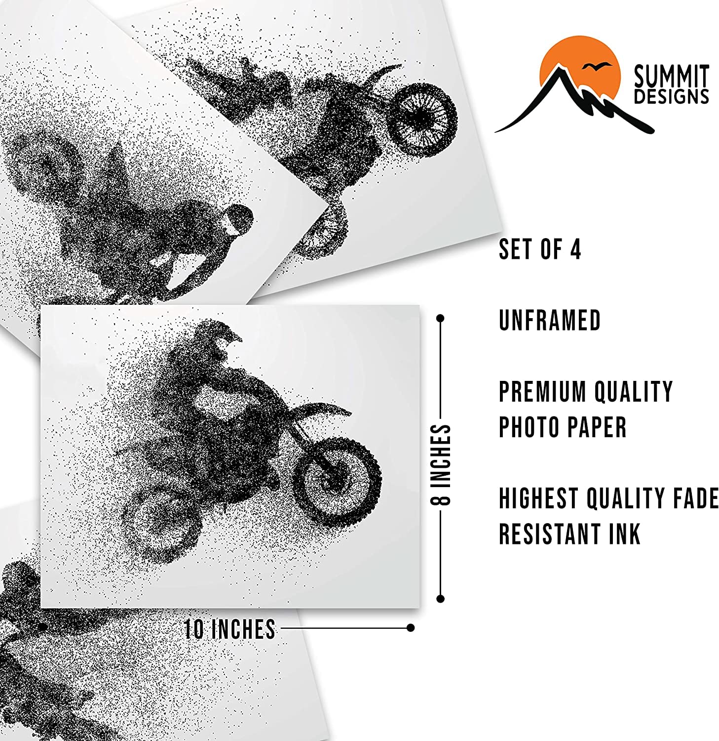 Summit Designs Motocross - Motocross Gifts, Decor For Bedroom Wall, Posters For Wall, Dirt Bike Decor, Art, Bike Art - Unframed Set Of 4 (11x14) Prints