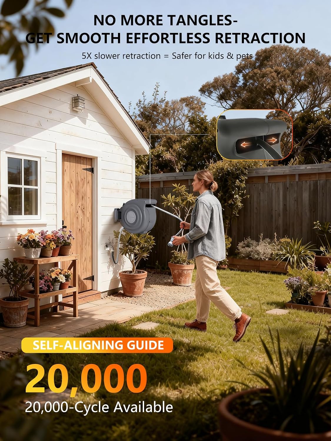 Retractable Garden Hose Reel 5/8 in x 65 ft Heavy Duty Automatic Water Hose Reel with 10-Function Sprayer Nozzle Kink-Free Auto Rewind Any-Length Lock 180° Swivel UV Resistant - Dark Gray