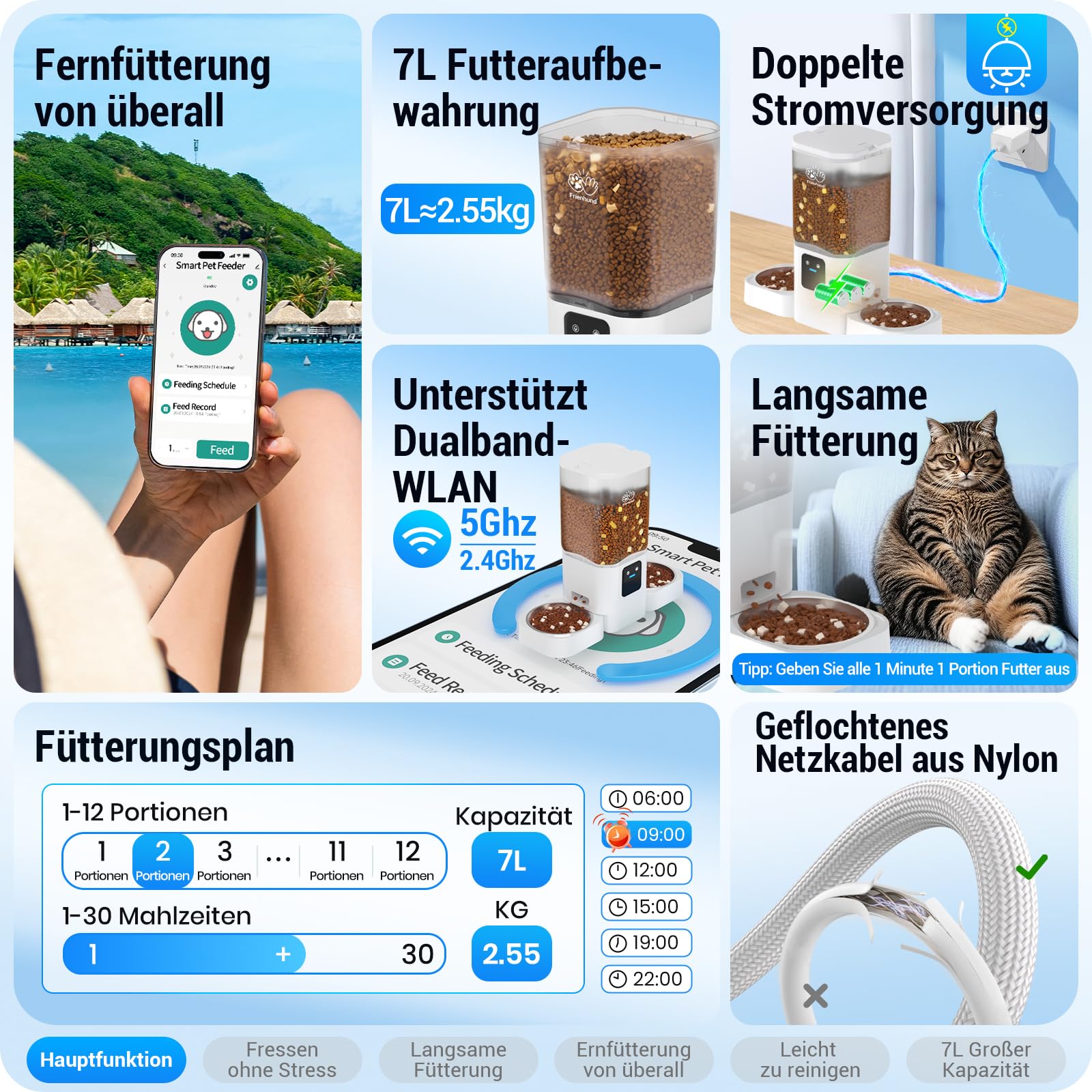 Futterautomat Katze 2 Näpfe mit APP: 5G WiFi Katzenfutter Automat mit Langsamer Vorschub, 7L Trockenfutter Automat für 2 Katzen, WLAN Futterspender Katze Abnehmbar für Mehrere Haustiere (ACF190W-C)