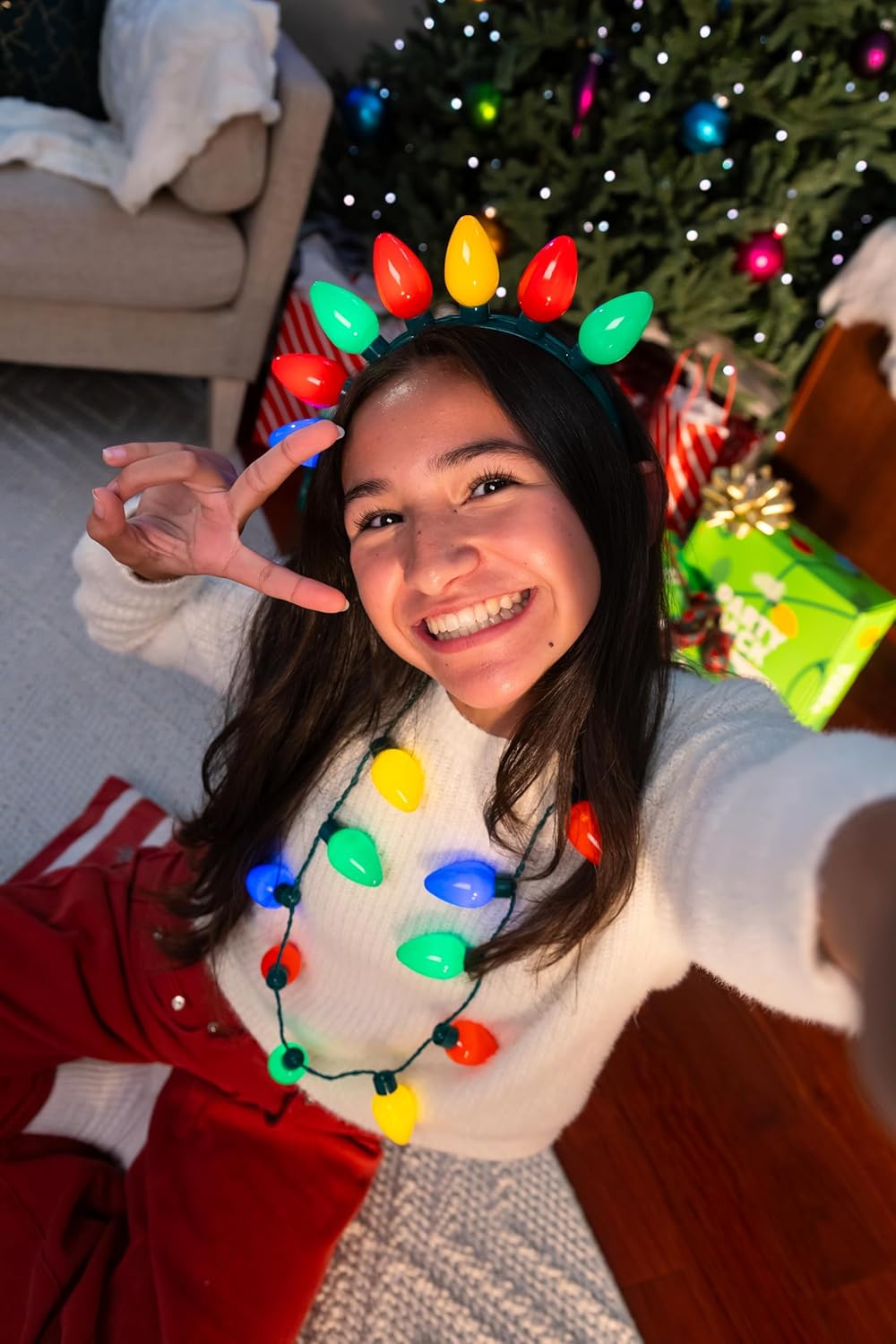 Light Up Christmas Necklace & Headband Set (4pc) – LED Bulb Necklaces & Holiday Headbands, 3 Light Modes, Xmas Party Favor, Stocking Stuffer, Secret Santa, Ugly Sweater Accessory - Image 4