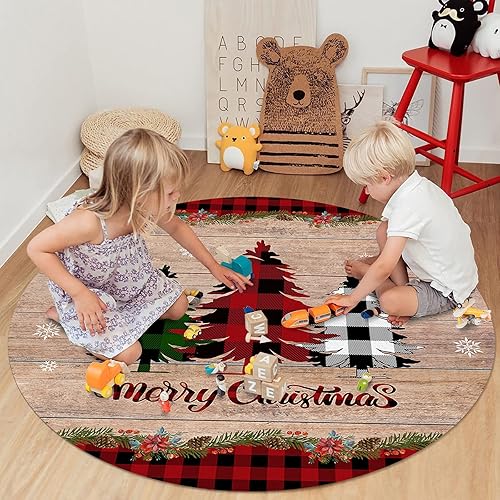 Miniatura 4 de Alfombra redonda de búfalo de 4 pies, colección de árboles de Navidad, alfombra circular antideslizante y lavable, para niños, sala de estar,