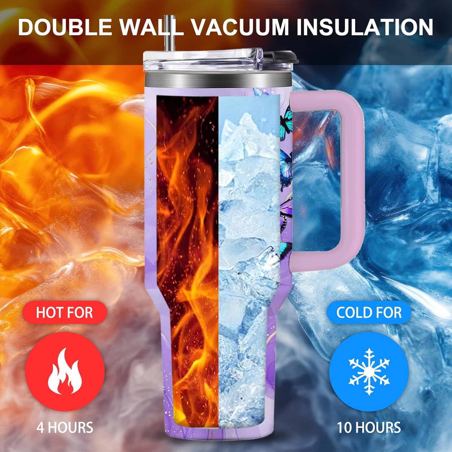 Butterfly 40oz Tumbler with Handle and Straw Lid Stainless Steel Insulated Coffee Travel Mug Cup Keeps Drinks Cold & Hot, Christian Gifts for Butterfly Women Birthday - Image 6