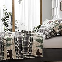 Vista 4 de Juego de edredón de tamaño Queen rústico a cuadros, ropa de cama de cabaña de campo con oso marrón, colcha ligera y reversible para el hogar con 2