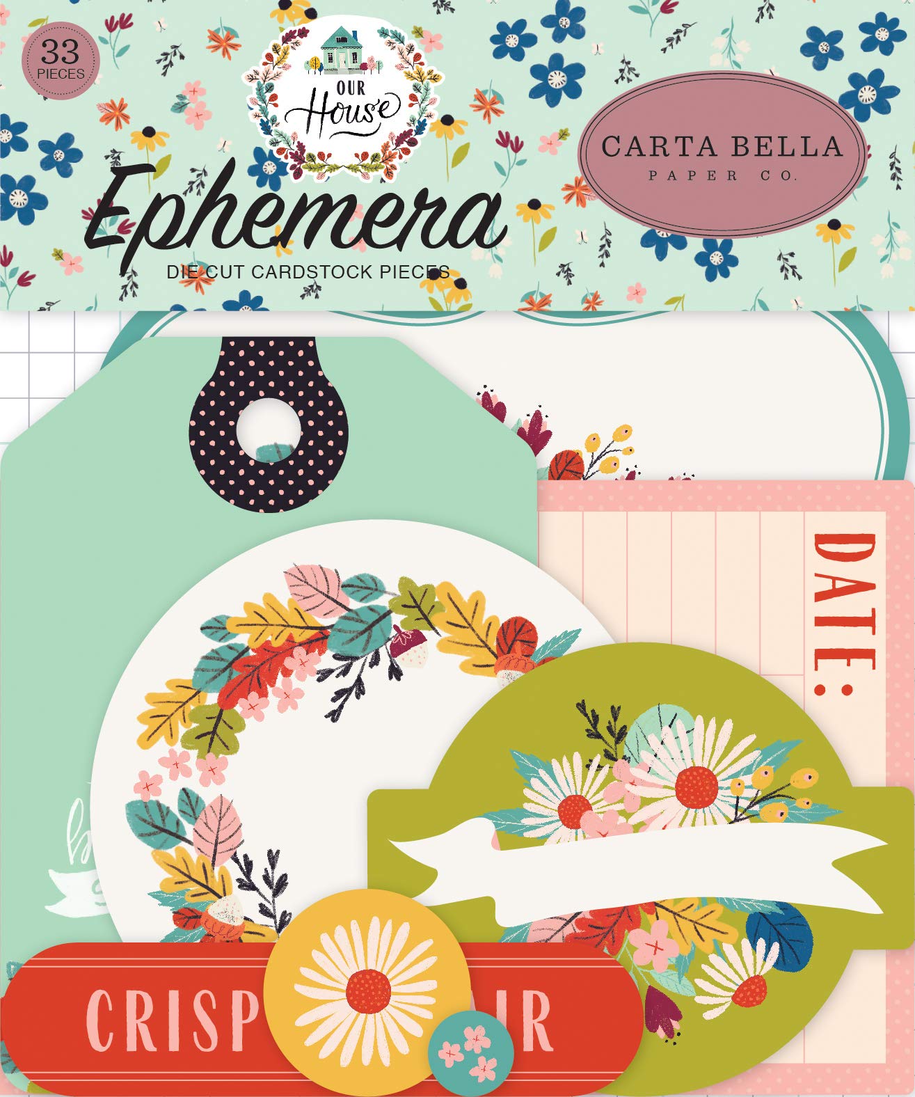 Carta Bella Paper Company Our House ephemera, blue, red, plack, teal, plum, green