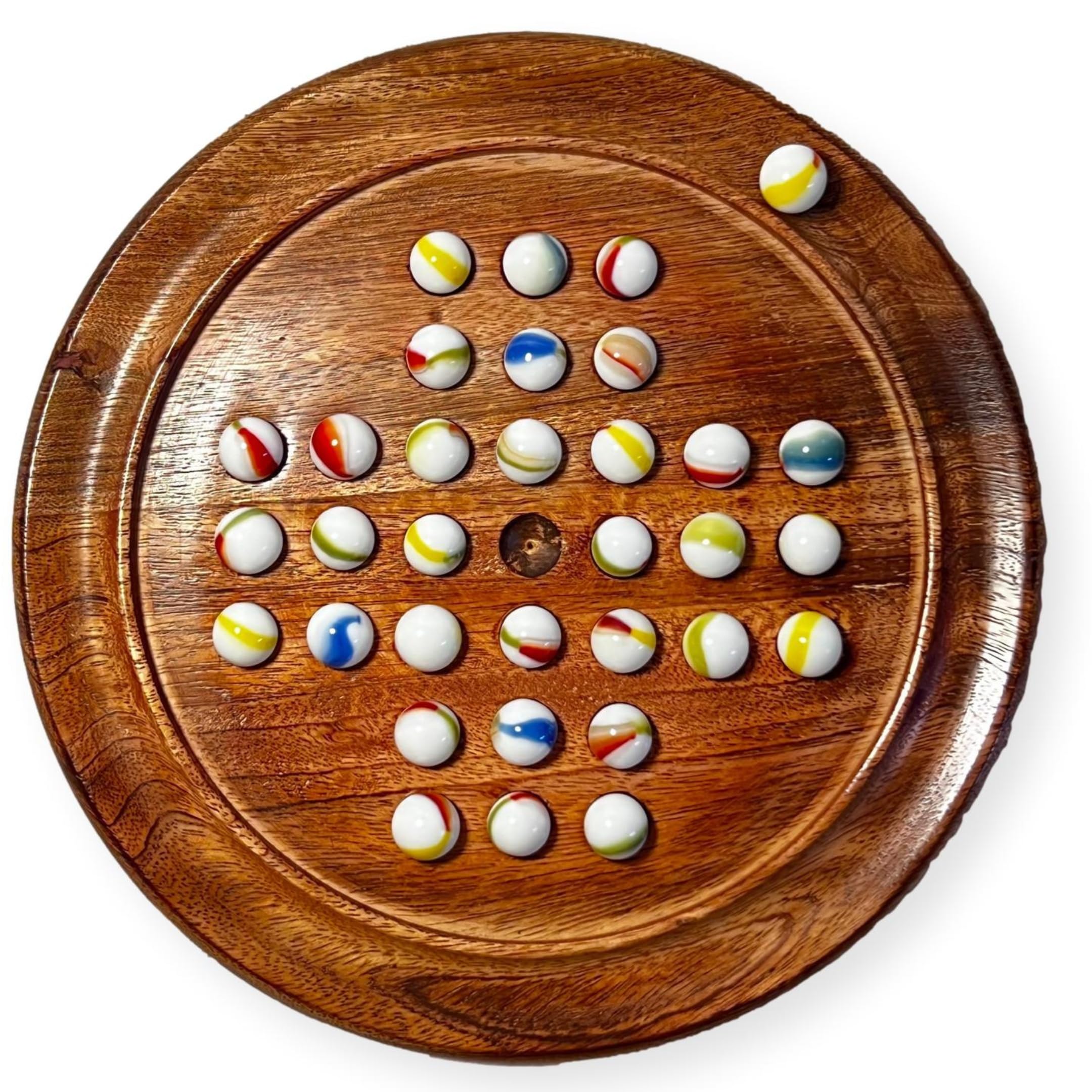 Solitaire Brettspiel aus Holz, 22 cm Durchmesser, mit Old Glory White Swirl Glasmurmeln, klassisches Solitärspiel aus Holz, Strategie-Brettspiel, Familien-Brettspiel, Spiele für einen, Brettspiele