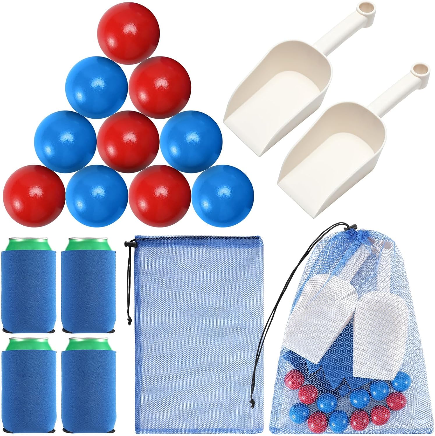 RoundFunny Outdoor Beach Toss Accessories Set and Must Haves 12 Beach Balls 2 Plastic Sand Shovels 4 Cup Sleeves 1 Mesh Bag for Family Adult Friends Summer