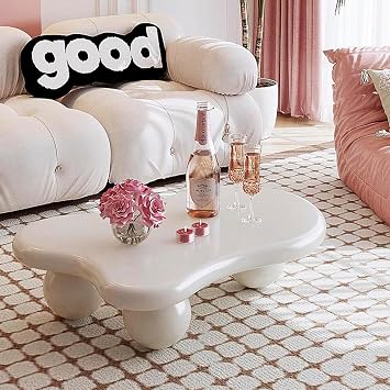 Cloud Coffee Table with 3 Ball Legs, Unique Irregular Funky Coffee Table for Living Room, Modern Minimalist Center Table Cute Low Coffee Table for Small Space,White,46.06"