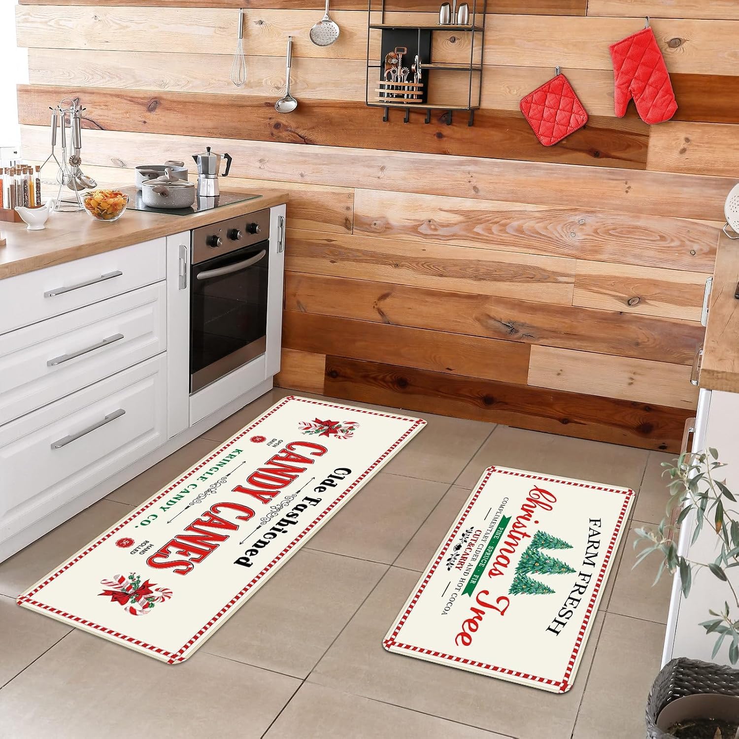 Farm Fresh Christmas Trees Kitchen Mats Set of 2 Old Fashioned Candy Canes Christmas Kitchen Rug Old Fashion Candy Canes Washable Carpet for Winter Home Xmas Decor - 17x28 and 17x47 Inch