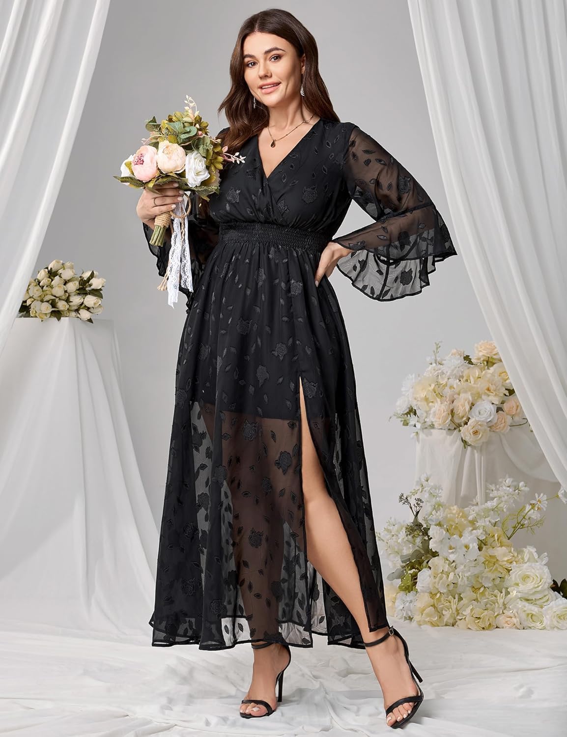 Wedding Guest Dress Plus Size Ruffle Bell Sleeve V Neck A Line Flowy Empire Waist Maxi Dresses with Slit - Image 2