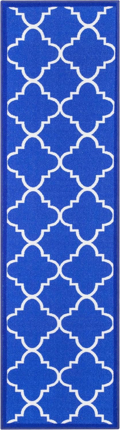 Well Woven Kings Court Brooklyn Trellis Blue - Non-Slip Rubber Backed Moroccan 2x7 Runner Rug - Hallway, Entryway & Kitchen - Kid & Pet Friendly, Easy-to-Clean, Machine-Washable, Low Looped Pile