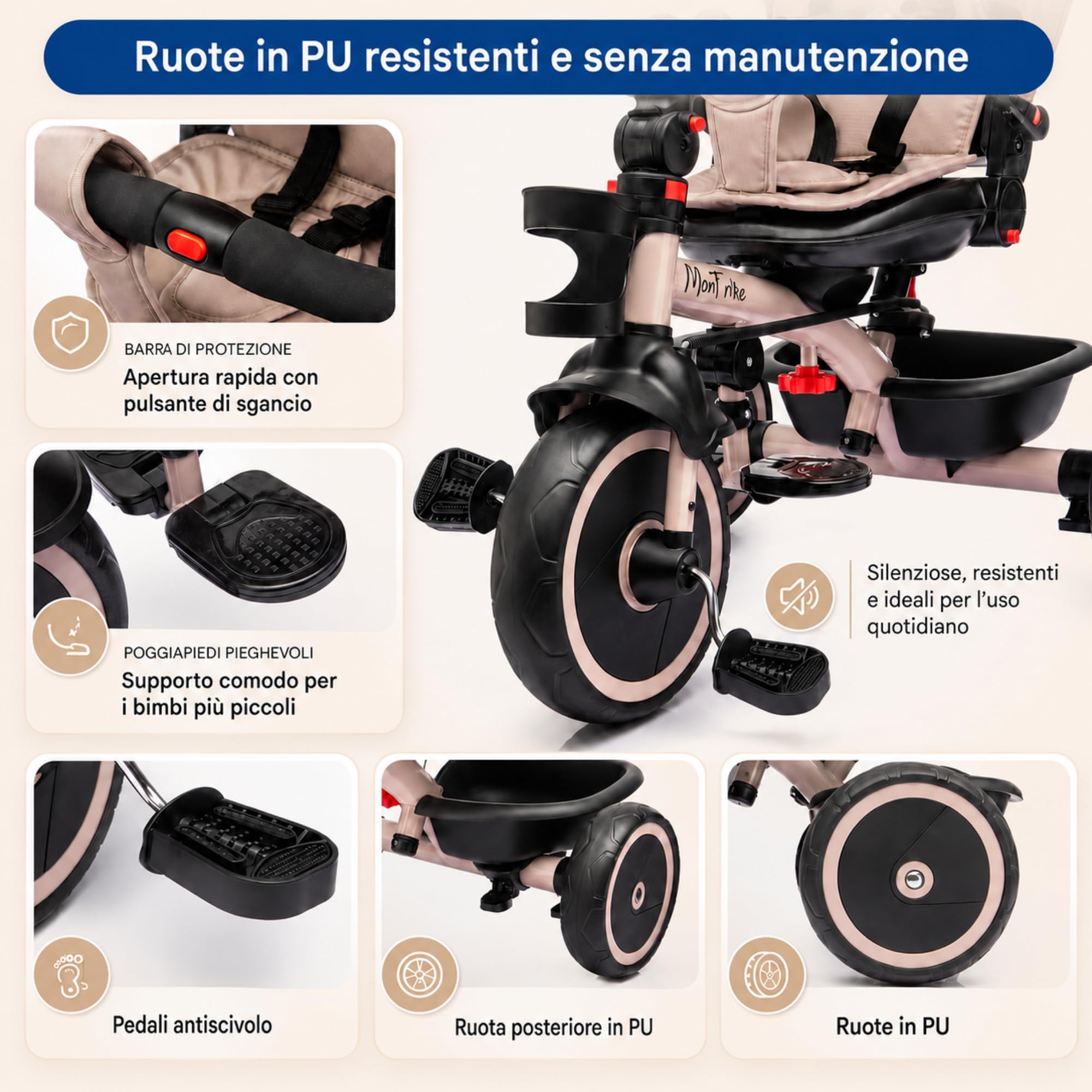 MonTrike Triciclo Explorer Gioco Evolutivo da 12 mesi a 5 anni Reclinabile 4 in 1 fino a 25 kg Sedile Girevole con Accessori e Ruote in Gomma Eva (Cappuccino)