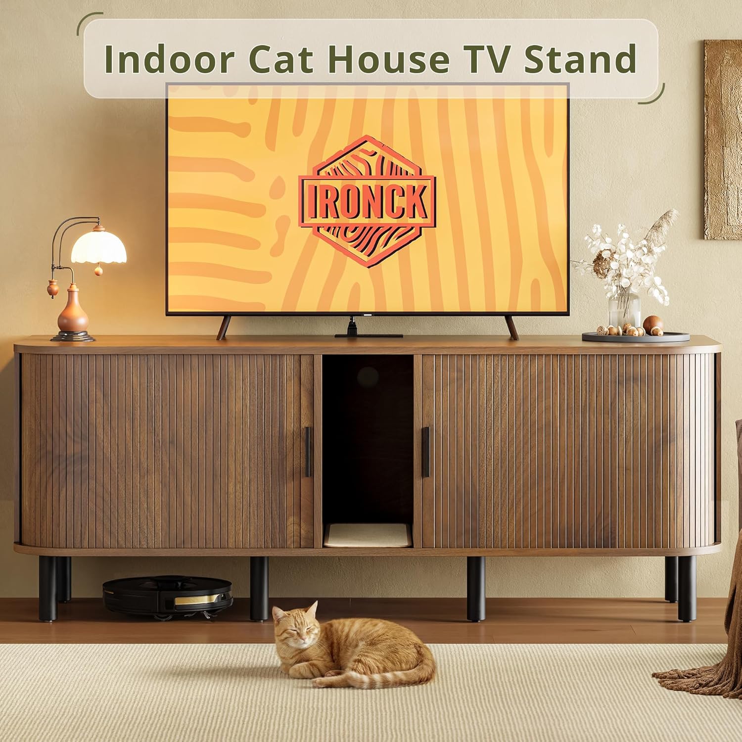 IRONCK 60 Inch Double Cat Litter Box Enclosure Furniture with Built-in Power Outlet & Sliding Door, Hidden Litter Box Cabinet for 2 Cats, Versatile as TV Stand or Sideboard in Walnut