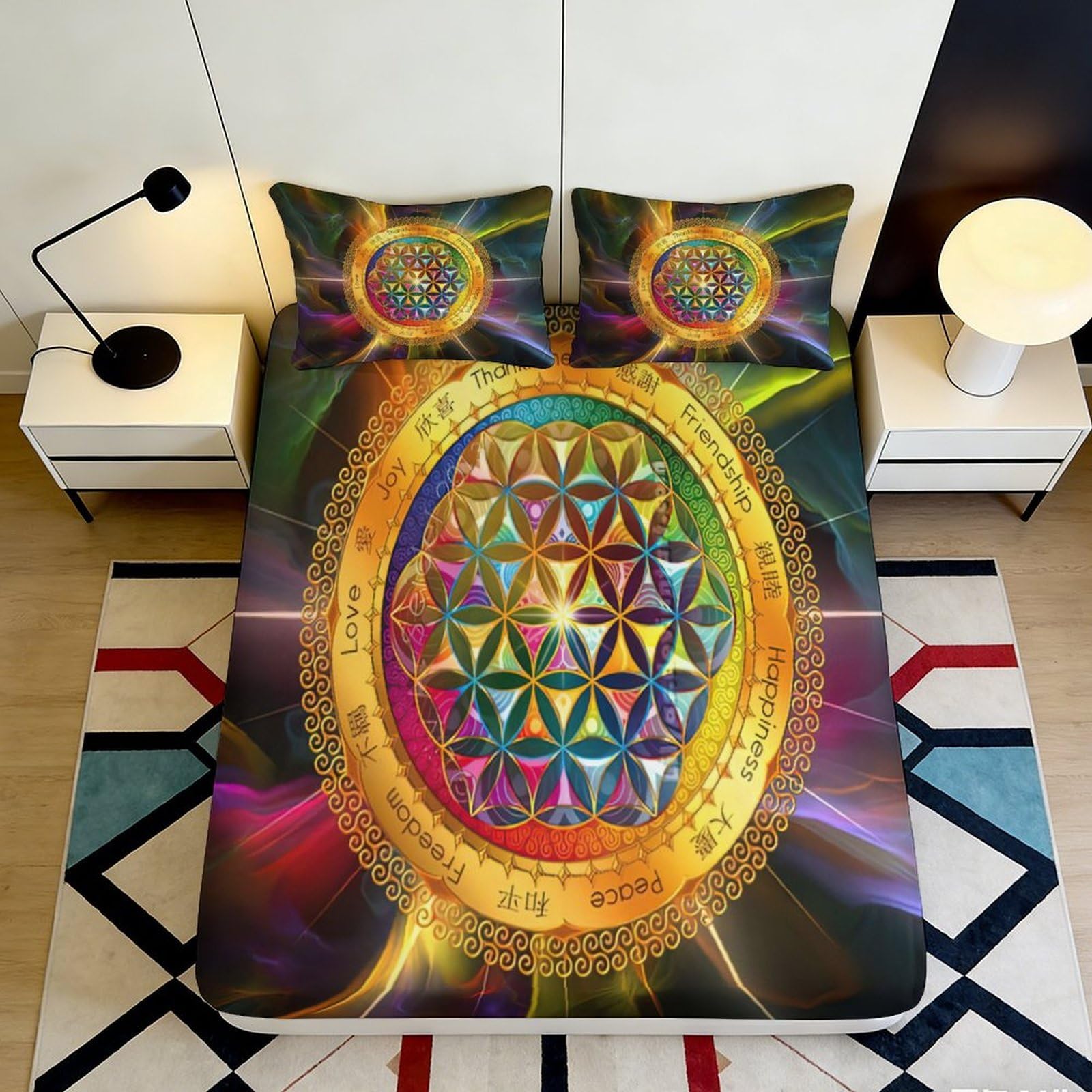 3D Printed Colorful Mandala Fitted Sheet Microfiber Bed Sheet with Geometric Pattern Mattress Cover for Bedroom Dormitory Guest Room Decor 140x200x25cm