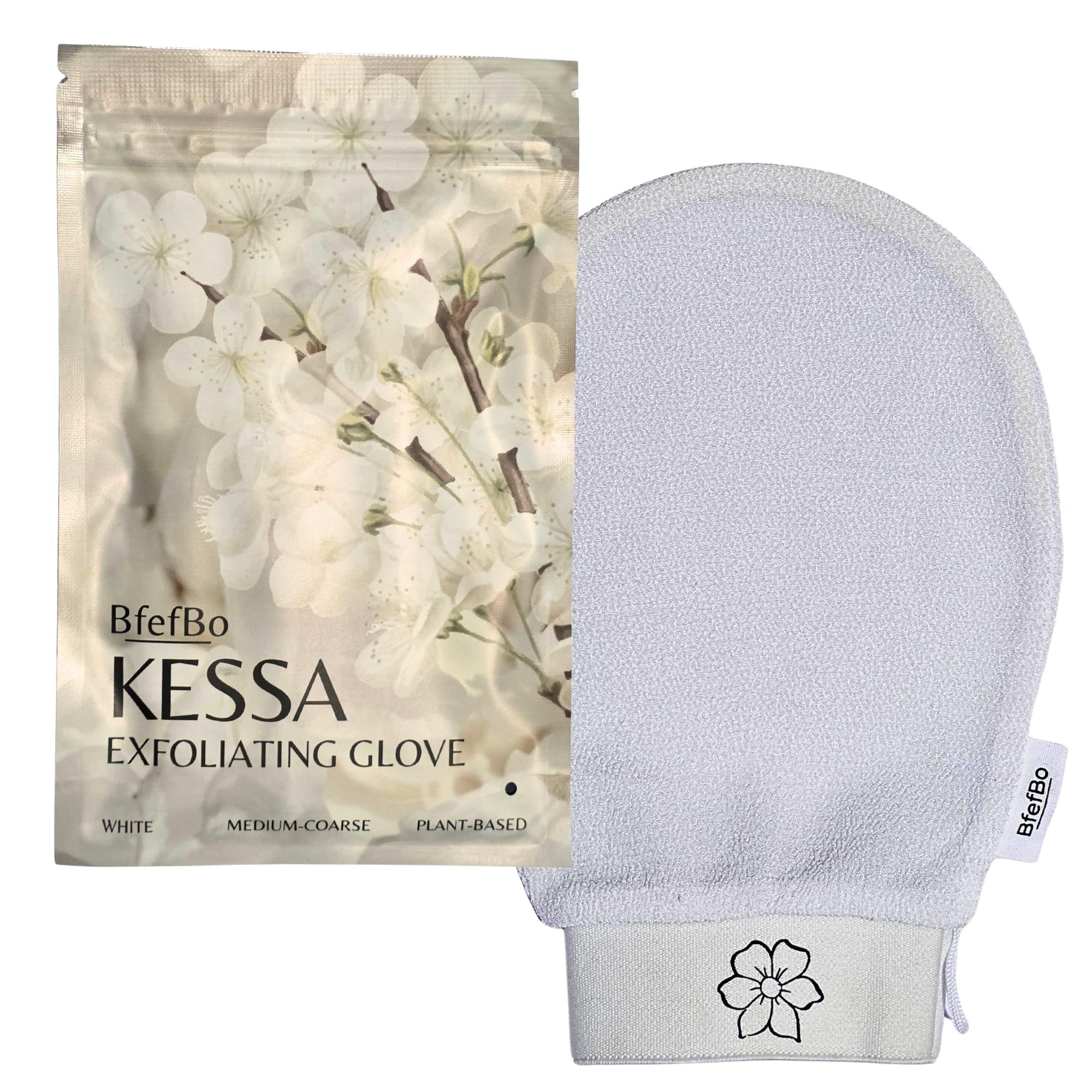 BfefBo Exfoliating glove, white, kessa mitt, natural shower loofah, exfoliating body scrub, tan removal, plant based