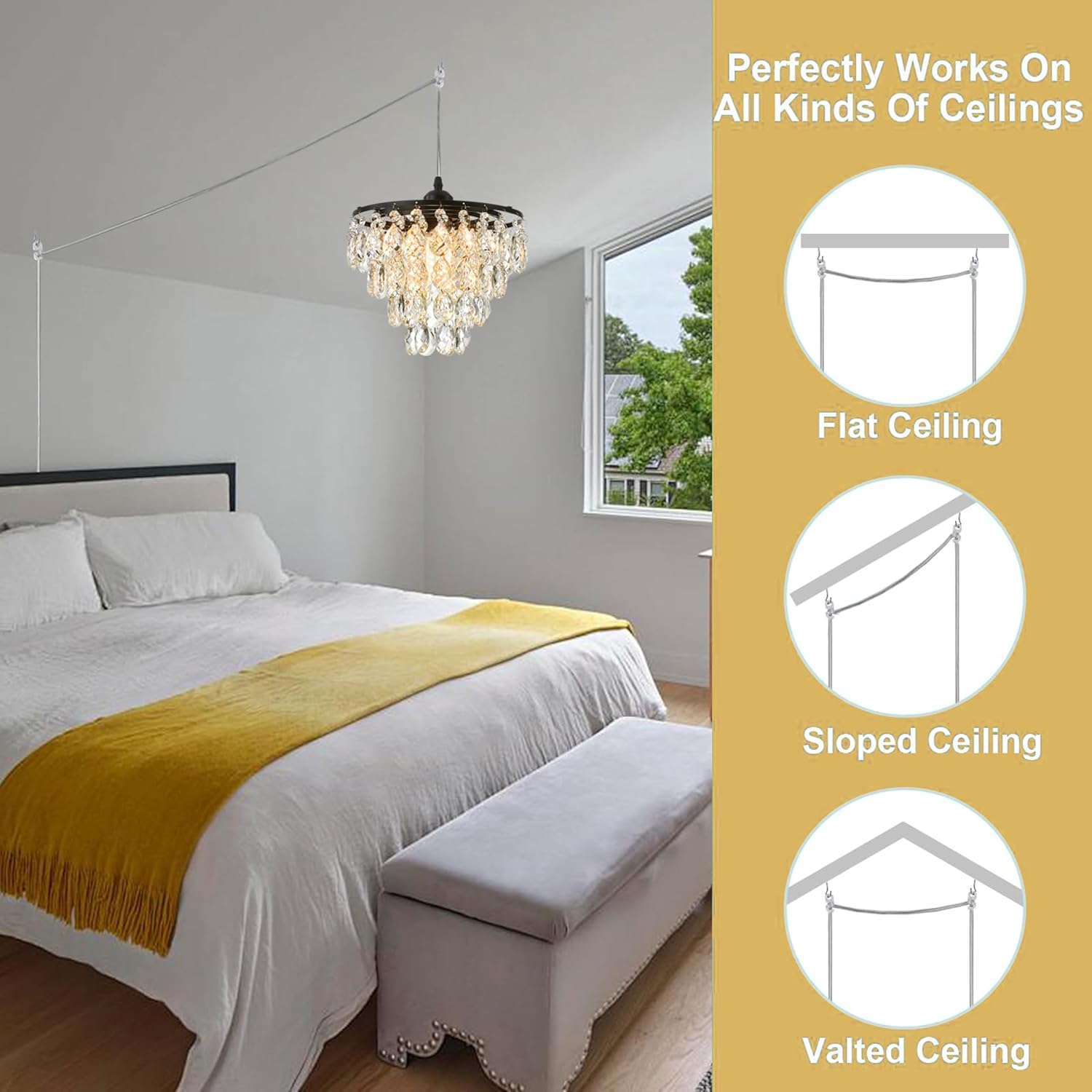 Mini Crystal Chandelier Modern Crysal Flush Mount Ceiling Light for Bedroom Closet Hallway with E26 Base Small Pendant Light (Black-Plug in Pendant)