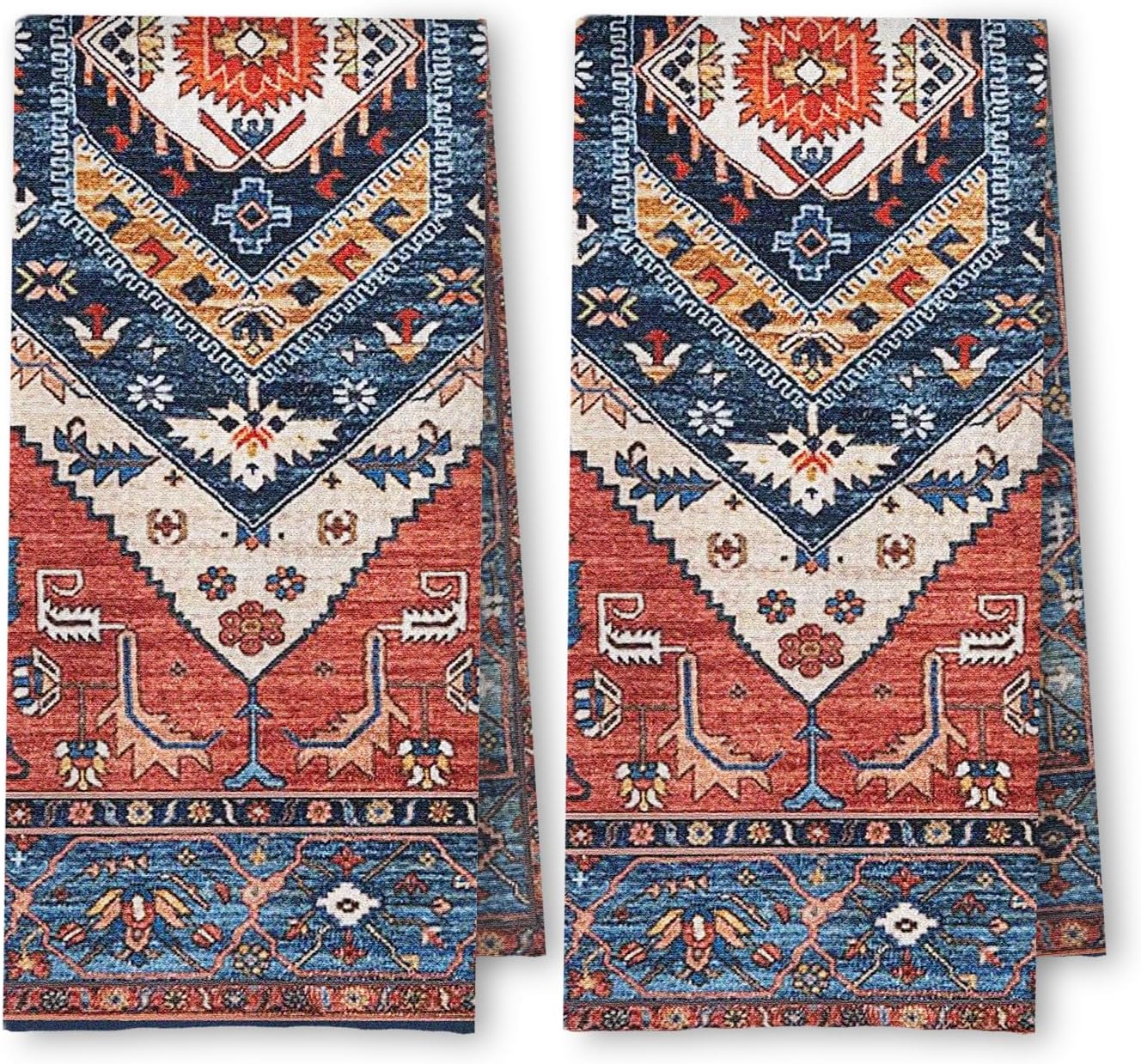 Vintage Rust Boho Kitchen Towels Set of 2, Retro Oriental Traditional Dish Tea Towels for Kitchen Decor, Farmhouse Carpet Pattern Decorative Hand Towels for Bathroom Decor, 16x24 Inches