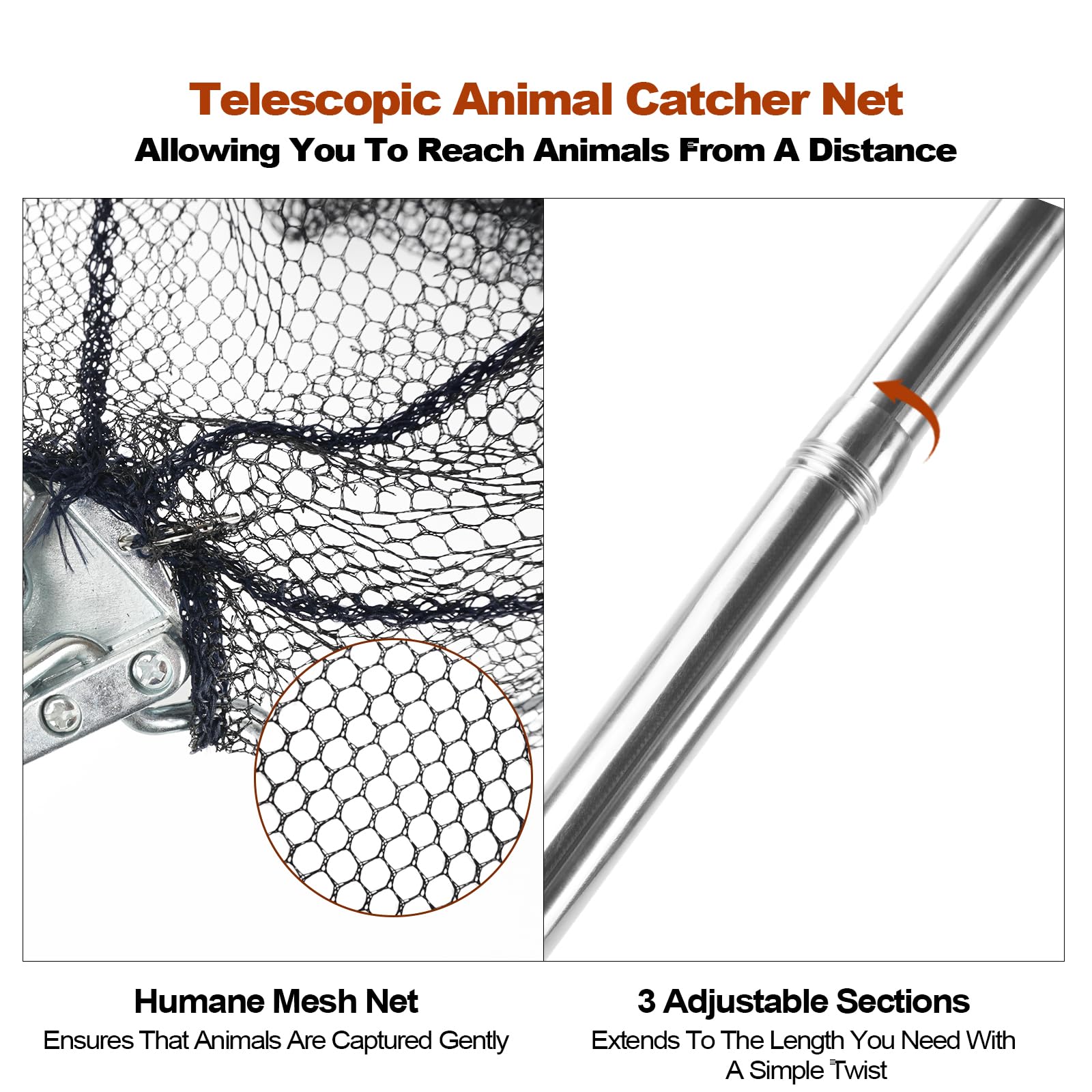 Filet de capture de poulet, filet animal avec poteau extensible en acier inoxydable de 117 cm, filet à poulet pour poulets, canards, oiseaux, chats, chiens, résille, attrape-poulet pour