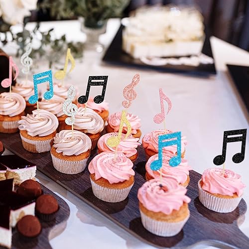 Miniatura 6 de Gyufise 24 piezas de notas musicales para cupcakes, símbolos musicales con purpurina, para música rock, concierto, tema, baby shower, boda, fiesta