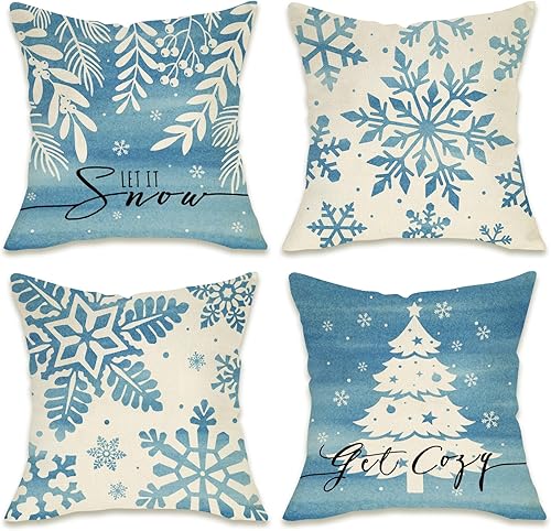 Juego de 4 fundas de almohada decorativas de copo de nieve de invierno de 18 x 18 pulgadas, diseño de hojas de árbol de Navidad azul nieve, para