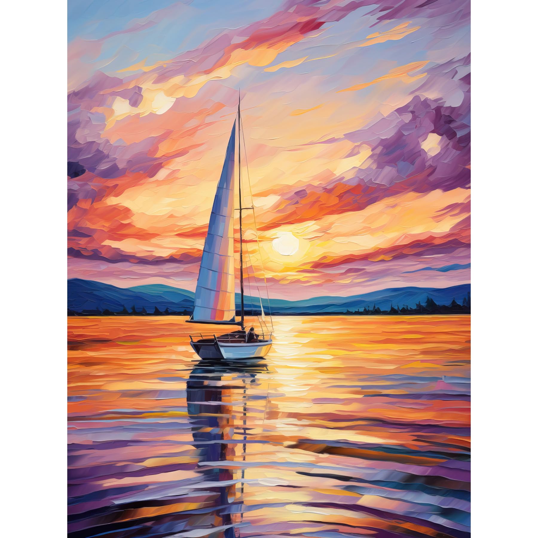 Sunset Sailing Oil Painting Print - Vibrant Orange Purple Blue Sailboat Seascape Poster - W24 x H32 inch
