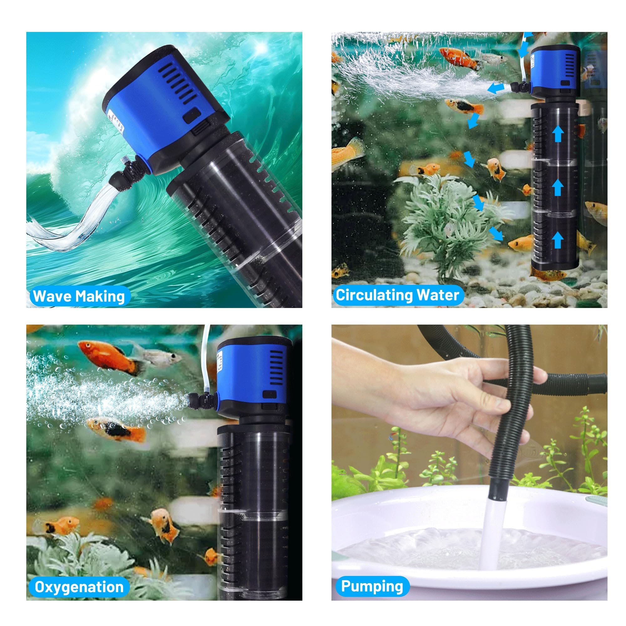 Tararium 4 w 1 pompa głębinowa 2500 l/h do 350-1100 litrów – cicha pompa do stawu i akwarium z filtrem gąbkowym, wysoka wysokość tłoczenia 2,4 m i ochrona przed pracą na sucho (woda słodka/słona)