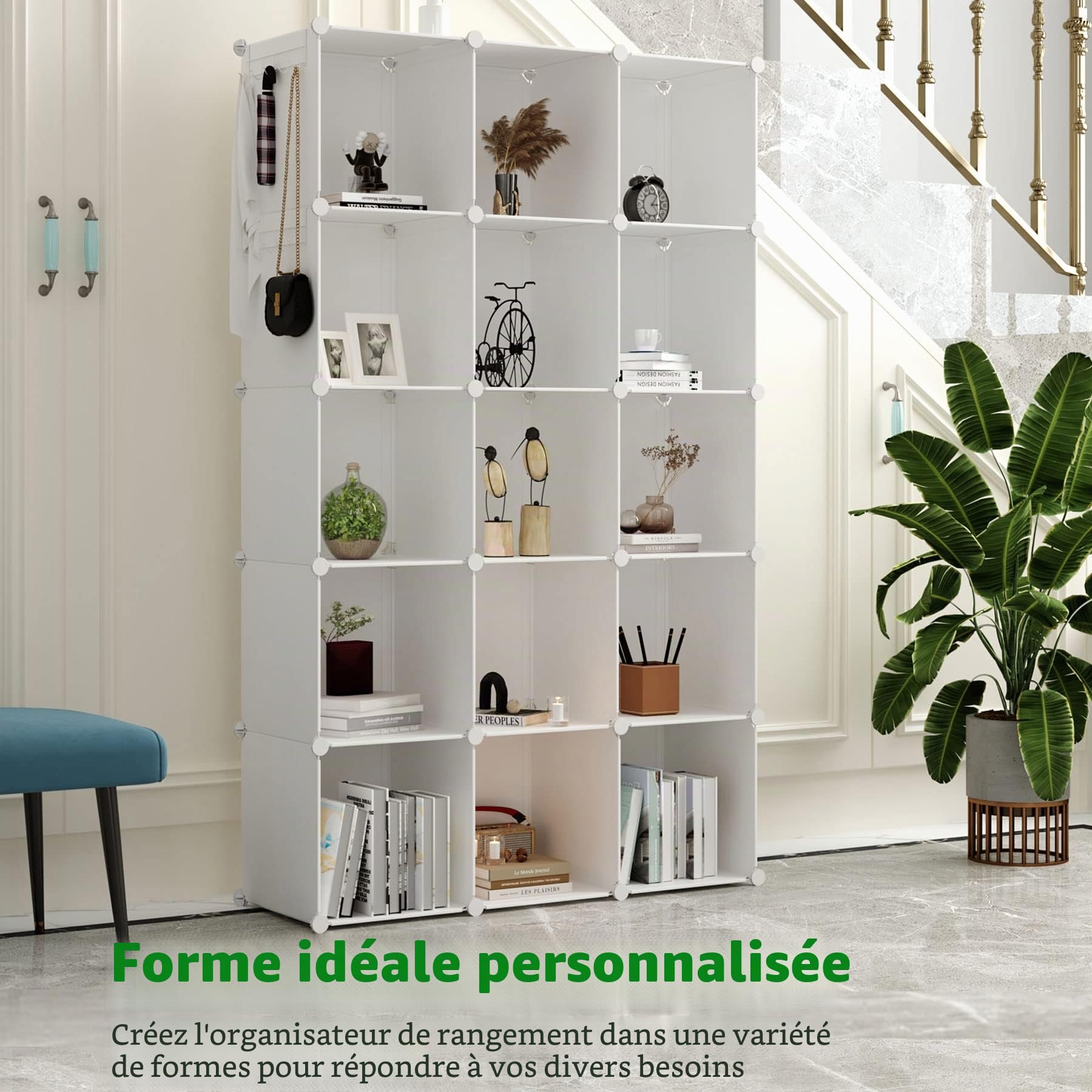 C&AHOME Organisateur de Rangement cubique, 16 étagères cubiques, Armoire de Placard, étagère à Livres modulaire en Plastique, Salon, Bureau, 48,4" L x 12,4" l x 48,4" H Milky UPCS16M