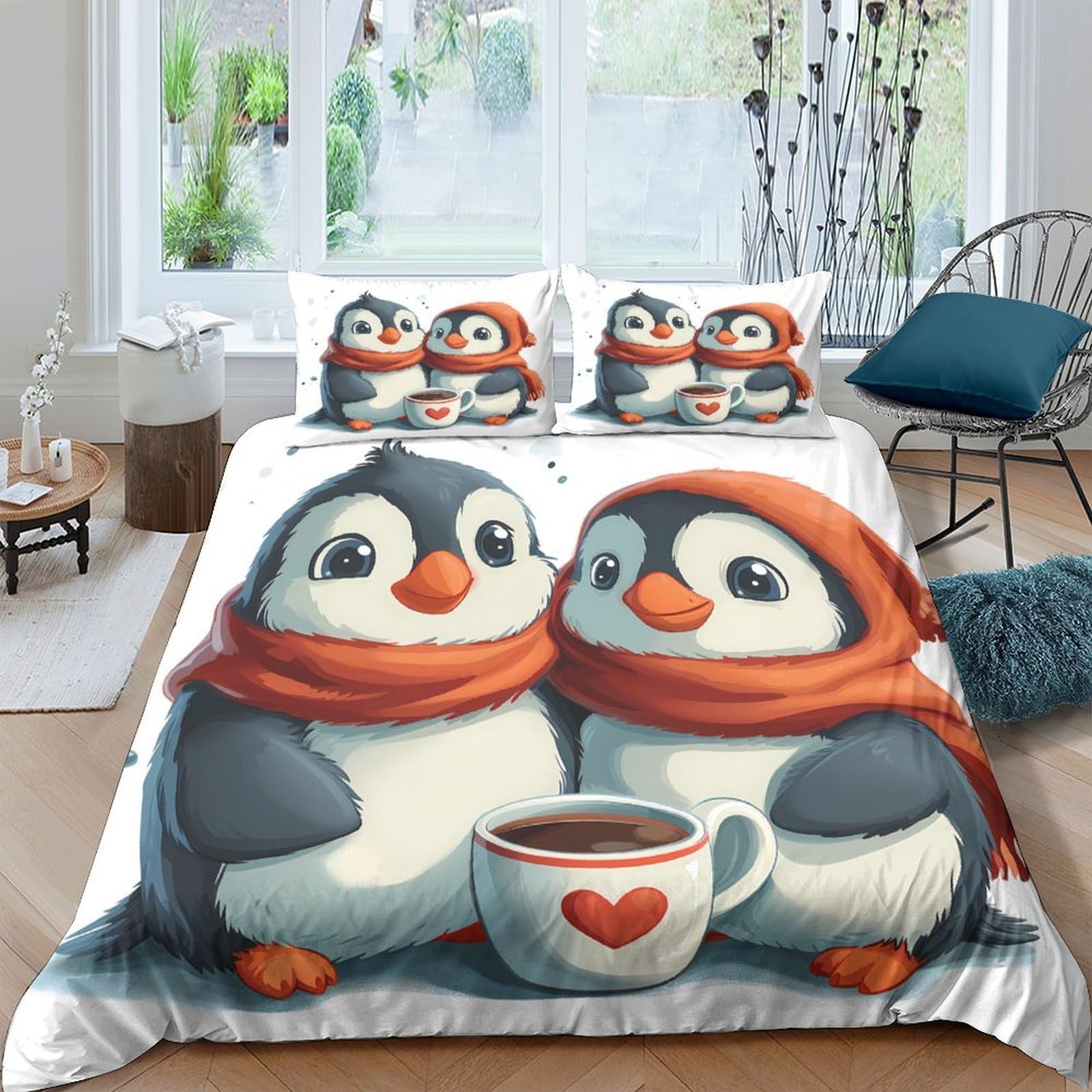 Ctjqhvkz Style-1 3D Printed Cartoon Penguin Fitted Sheet Microfiber Soft Blue Red Coffee Cup Print Bed Sheet For Bedroom Dorm Mattress Cover Single（135X200cm）