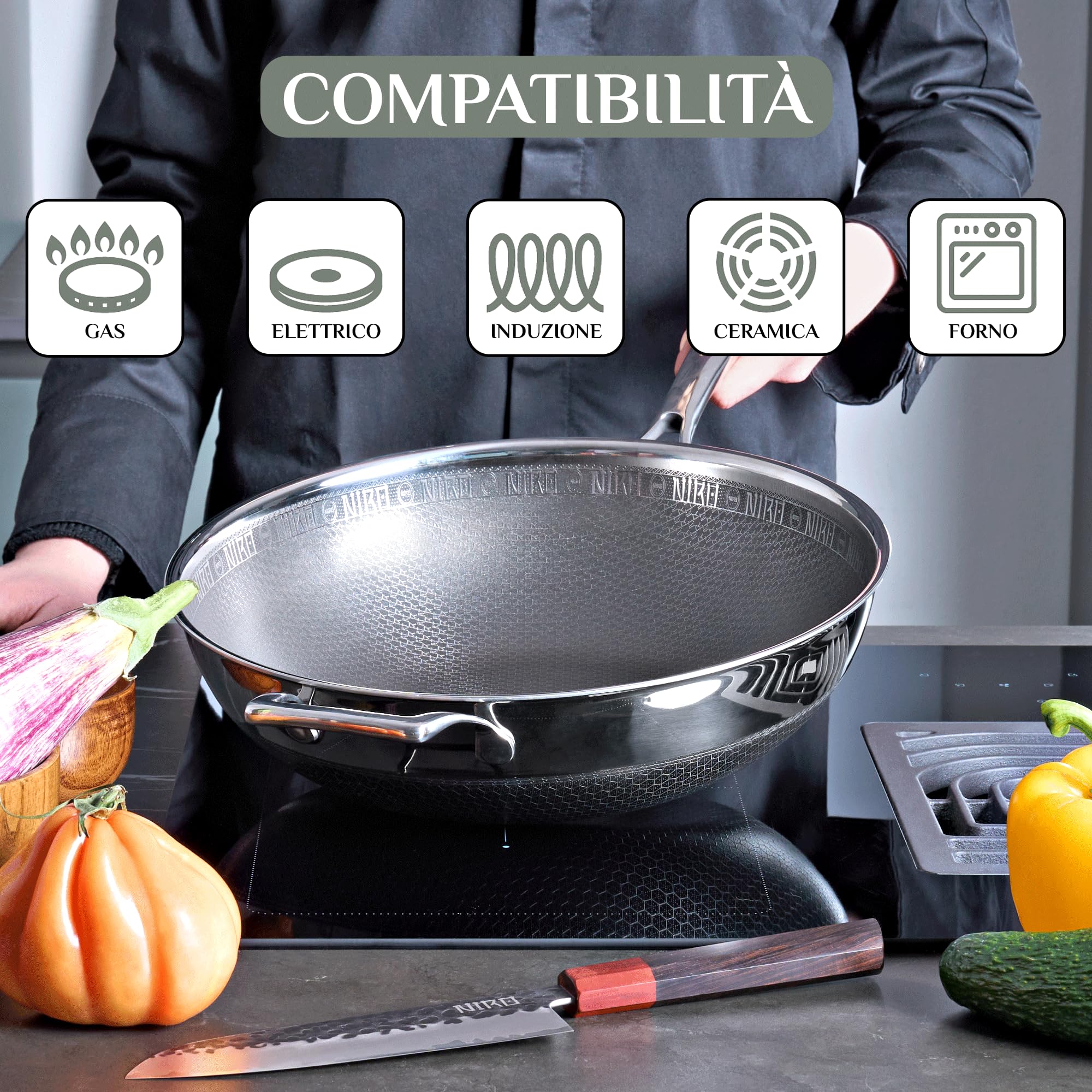 NIRO Wok Antiaderente Ø32 cm, Padella con Rivestimento Antigraffio, Triplo strato (Acciaio Inox e Alluminio), Per Piano Cottura Induzione, Ceramica, Elettrico, Gas e Forno, Manico Anti Scottatura