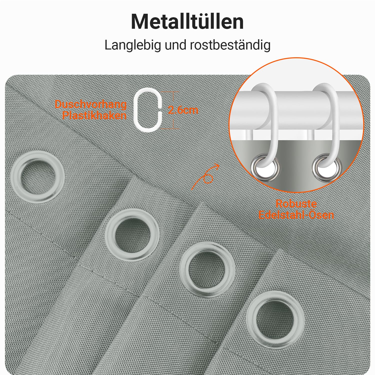 Lerores Shower Curtain, 180 x 180 cm, Grey, Weighted Hem, Anti-Mould Textile, Water-Repellent, Washable Polyester Fabric Bath Curtains for Bathroom, Bathtub with 12 Shower Curtain Rings - Image 3