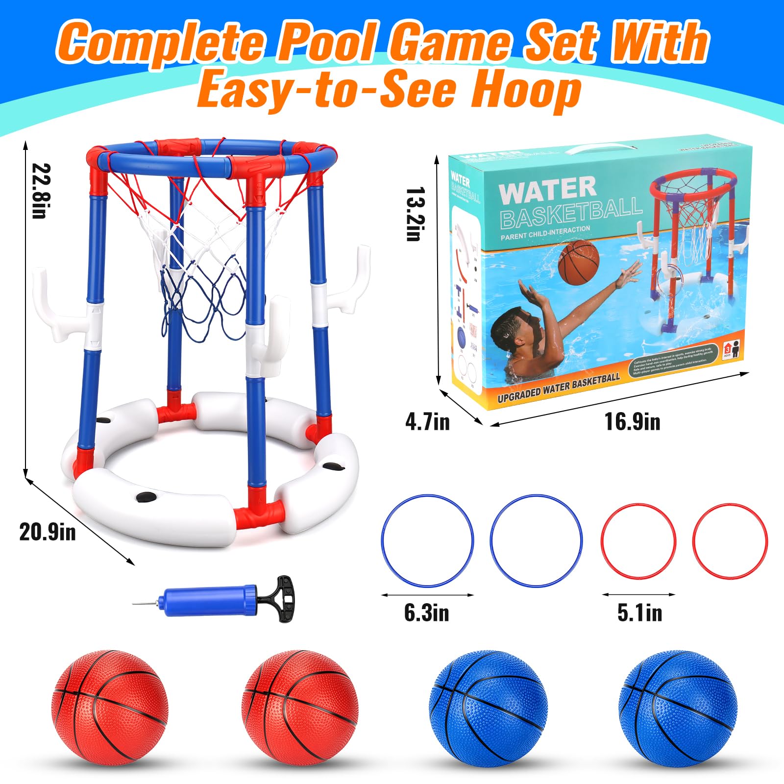 Canestro galleggiante da pallacanestro, base stabile riempibile con acqua, 2 in 1, per bambini dai 3 anni in su, include 4 palline, 6 anelli e pompa, regalo estivo per feste in piscina