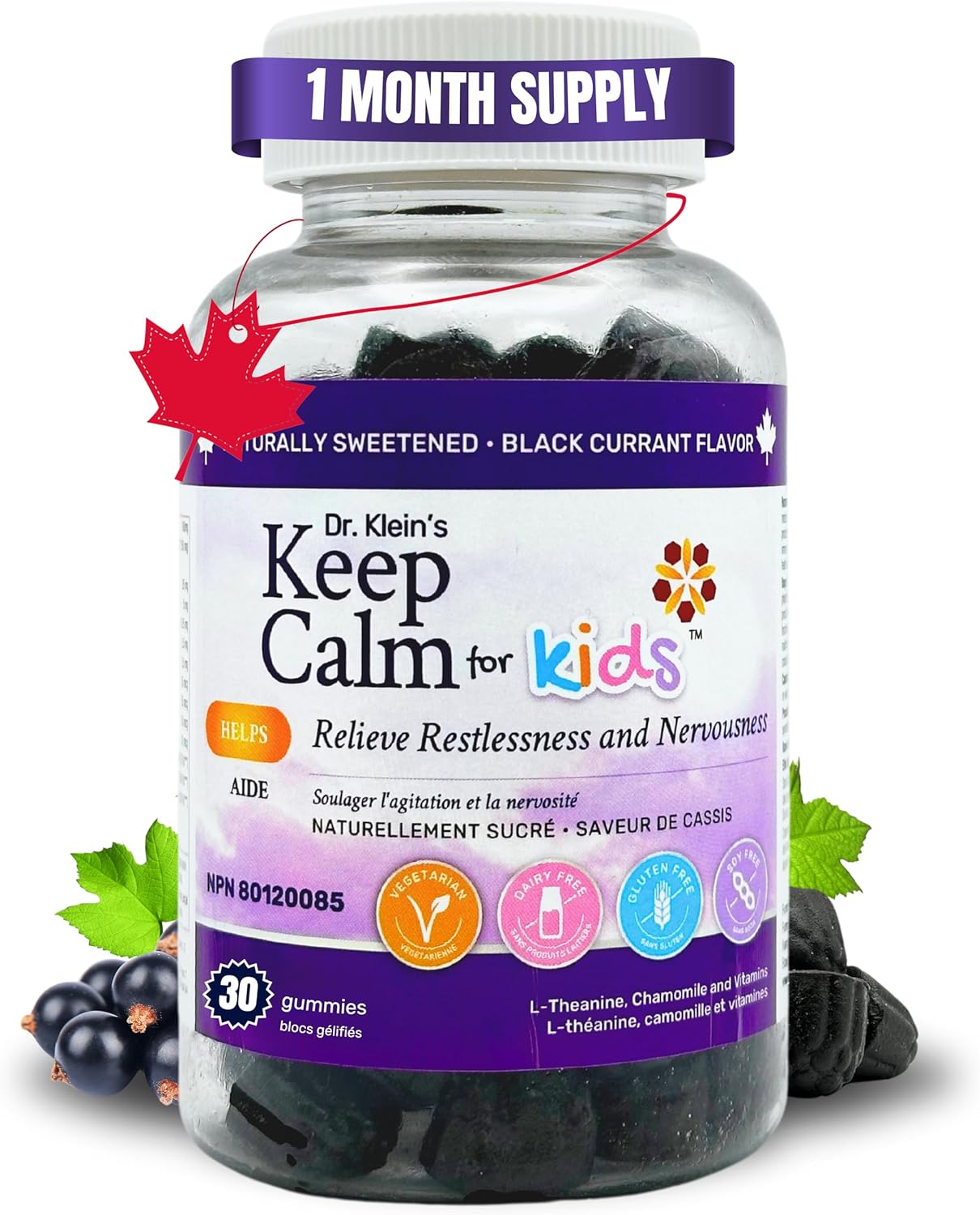 Dr. Kleins Keep Calm For Kids Gummies. Black Currant. Includes 100mg of L Theanine For Relaxation, Restlessness & Nervousness Support. Chamomile Extract Vitamins & Minerals to Support Stress Relief. Naturally Sweetened. 30 Gummies.