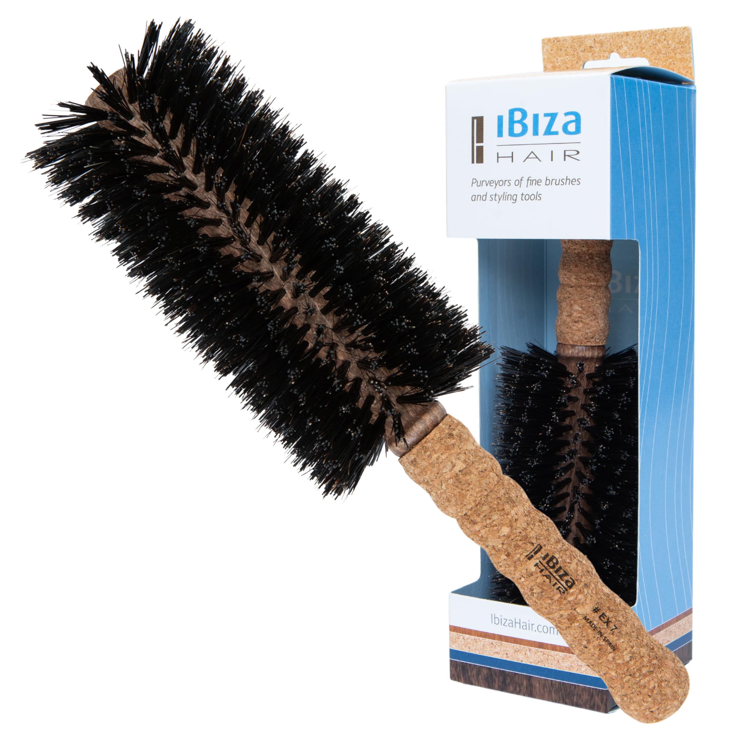 Ibiza HairRound Brush - Cork - Eco Wood - EX7 Natural - Professional, Handmade, Extra Long