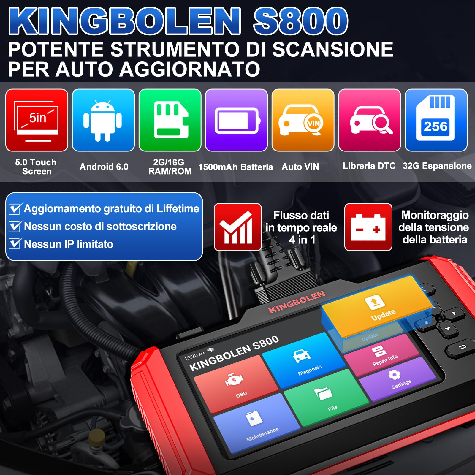 KINGBOLEN Diagnostica Auto Italiano,S800 OBDII Diagnosi Automatica 4 Sistema di diagnosi (ABS + SRS + ECM + TCM) e 15 Servizio di Manutenzione (Olio+Dpf Iniettore Codifica+BMS) Aggiornamento WiFi