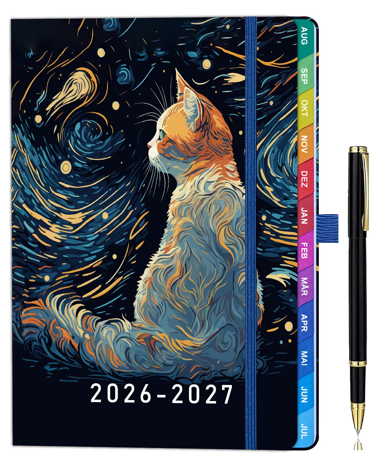 ZXHQ Lehrerkalender 2026–2027 A5+, Hardcover Lehrerplaner/Schulplaner mit Monatsübersicht, Farbig Gestaltete Innenseiten & Monatsregister, Mit Innentasche, 208 Seiten, 16,5 x 22 cm, Sternenkatze